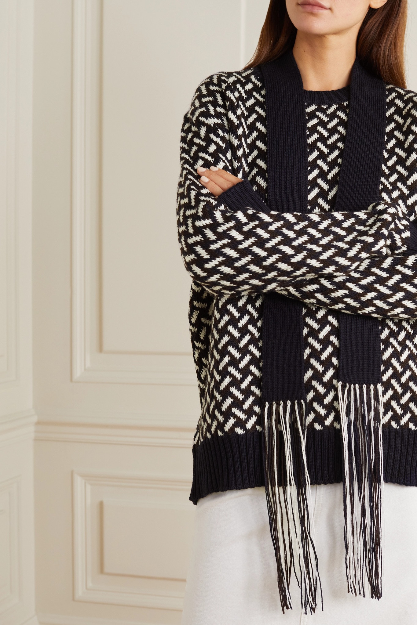 Fringed tie-neck intarsia wool sweater - 6