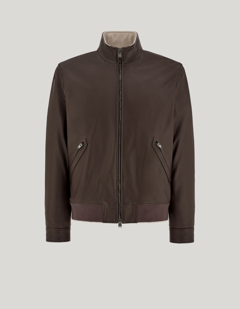 CARAMEL MIXED-MATERIAL ULTRALIGHT SUEDE BOMBER JACKET WITH KNIT INSERTS 166