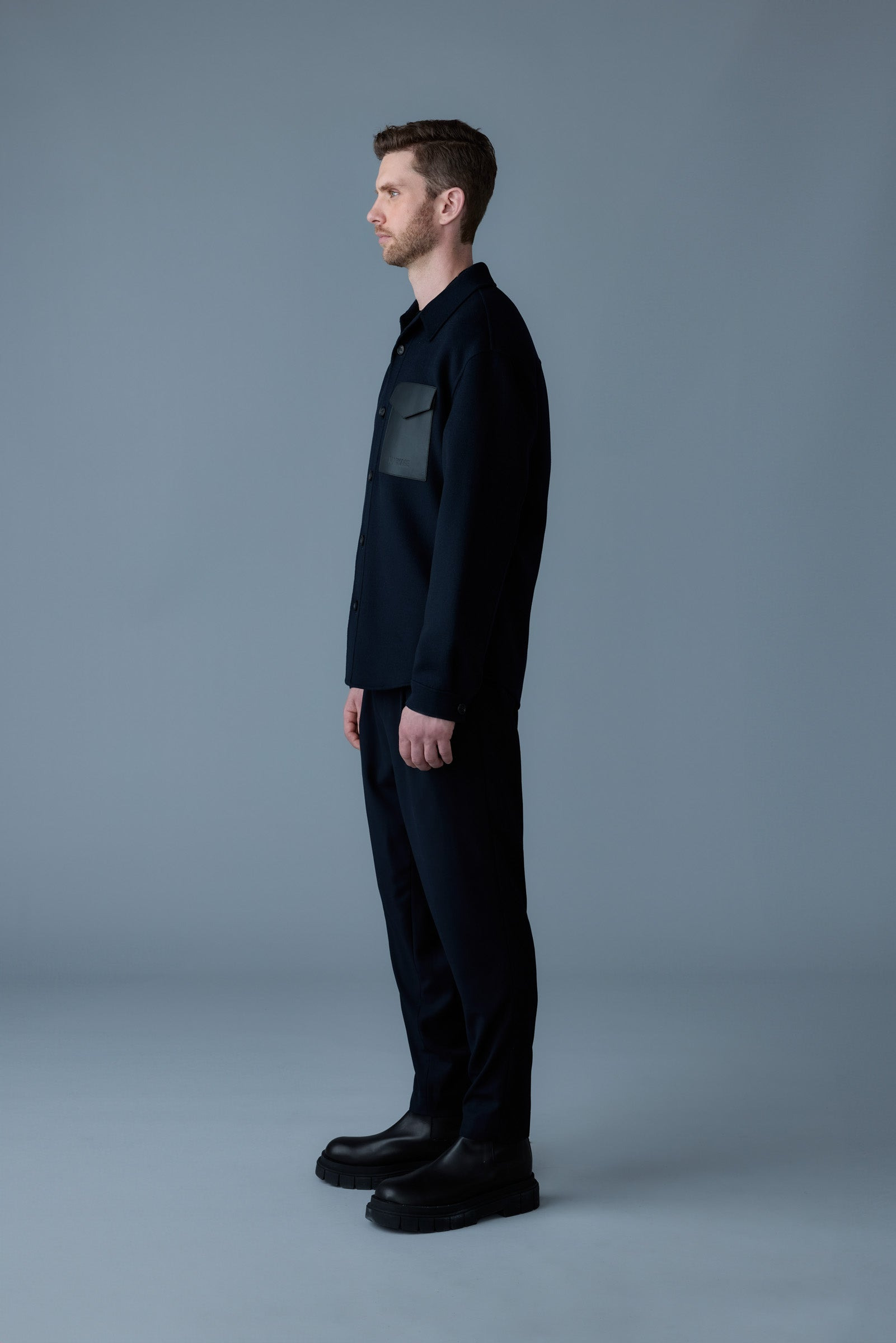 EMMANUEL Double-face wool overshirt with leather patch pocket - 3