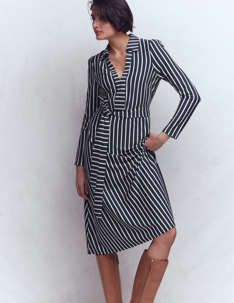BODEN Imogen Collared Jersey Dress-French Navy and Ivory Stripe outlook