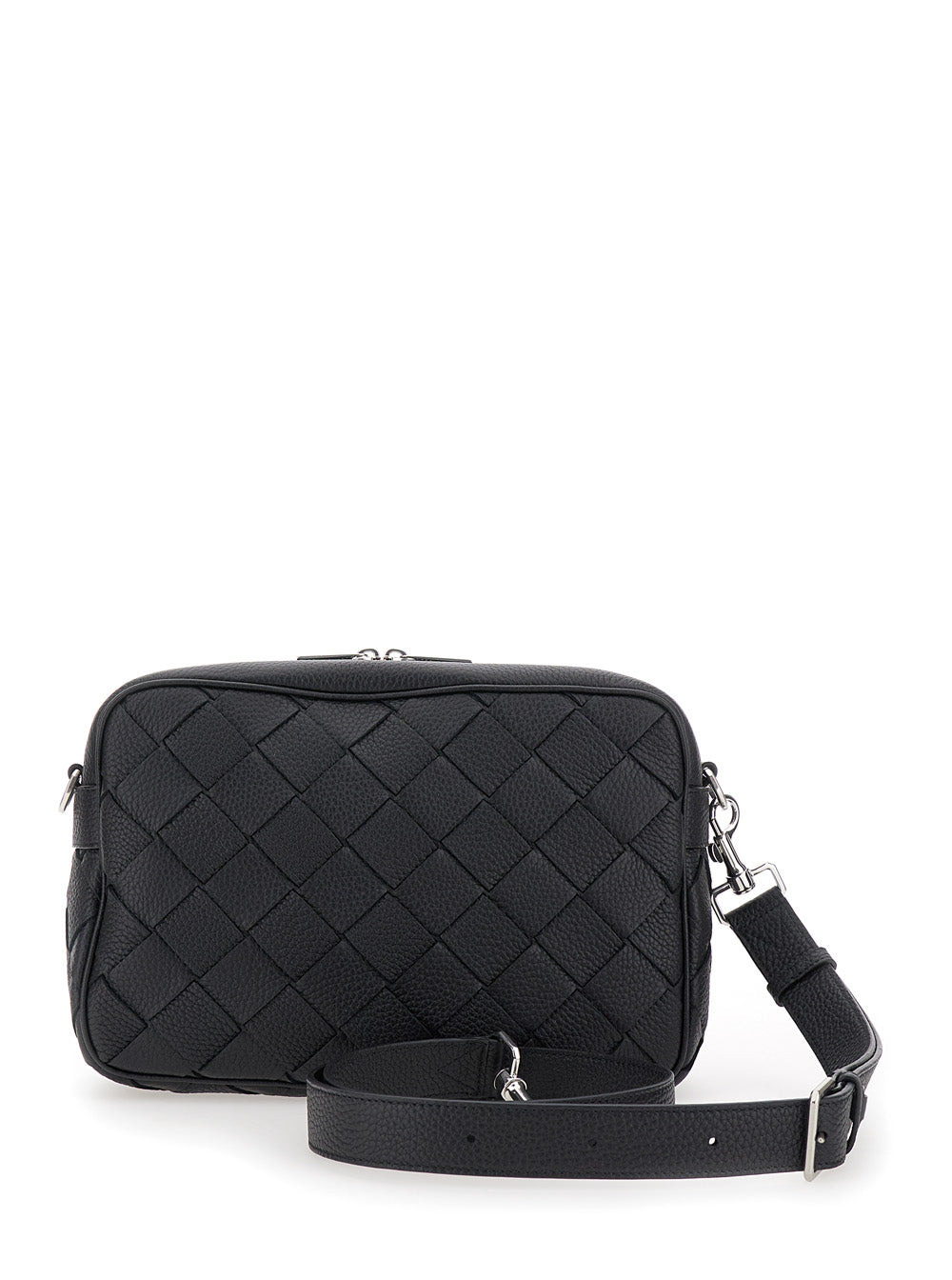 Bottega Veneta Men 'Messenger Medium' Black Crossbody Bag With Intreccio Motif In Hammered Leather M - 4