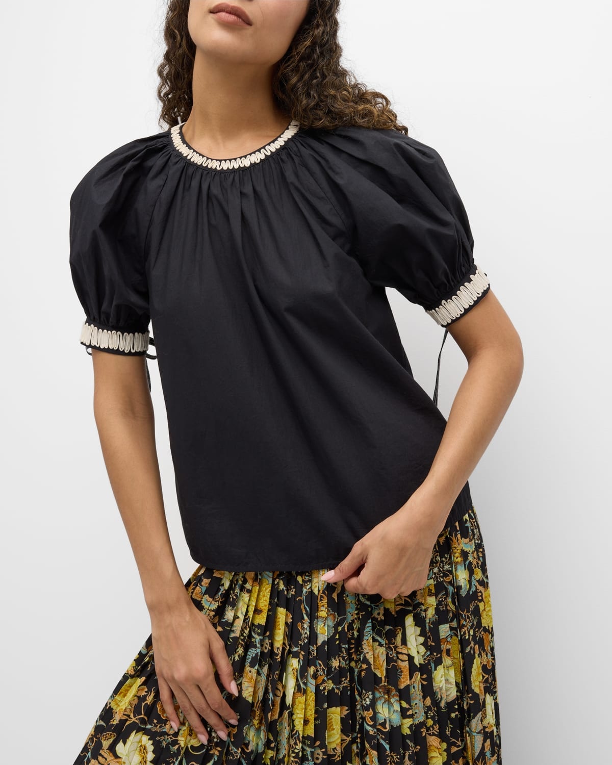 Amara Short-Sleeve Embroidered Tie-Cuff Poplin Top - 7