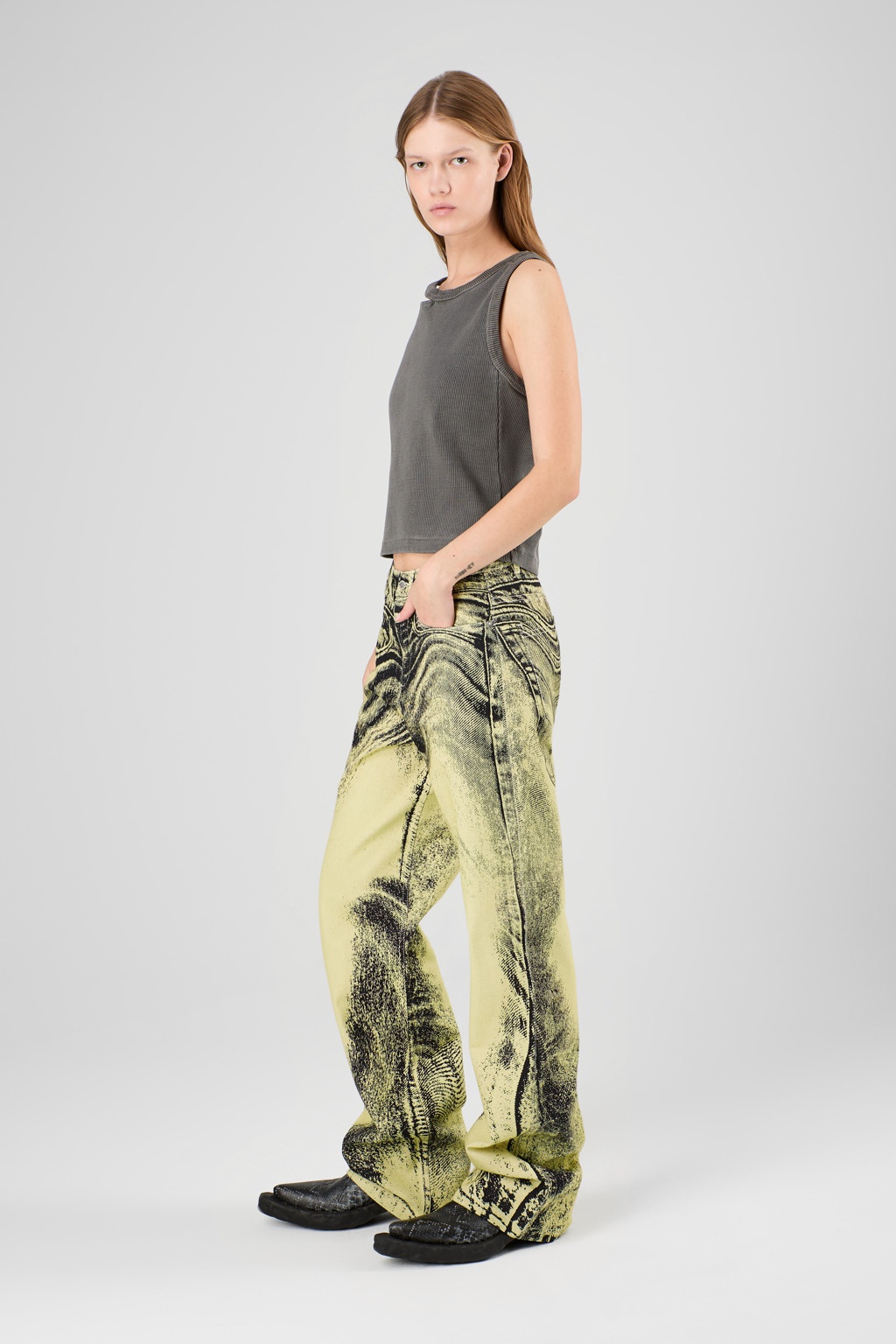 Yellow-Black Distorted Print Denim Jeans - 4