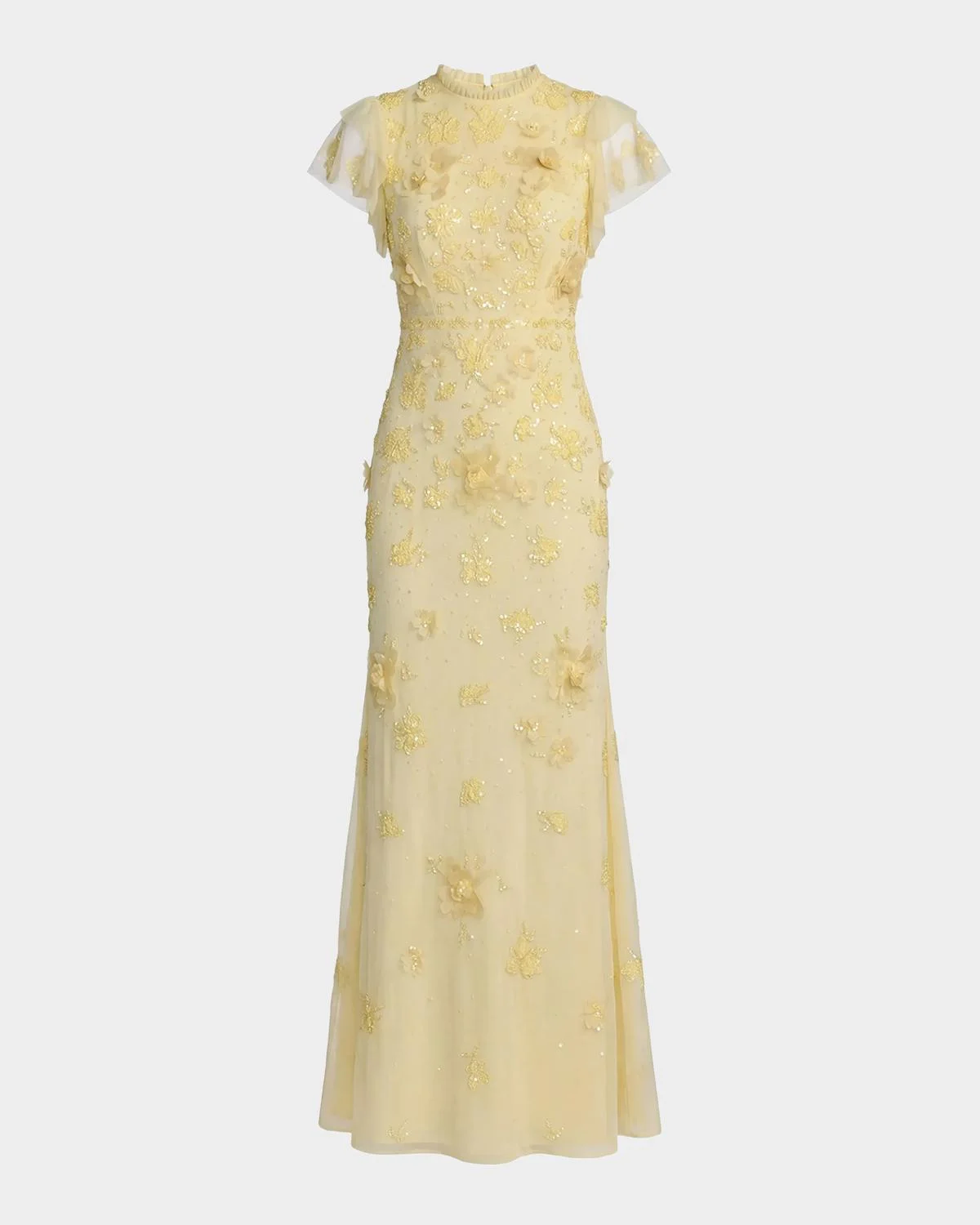 Flutter-Sleeve Beaded Applique Gown - 1