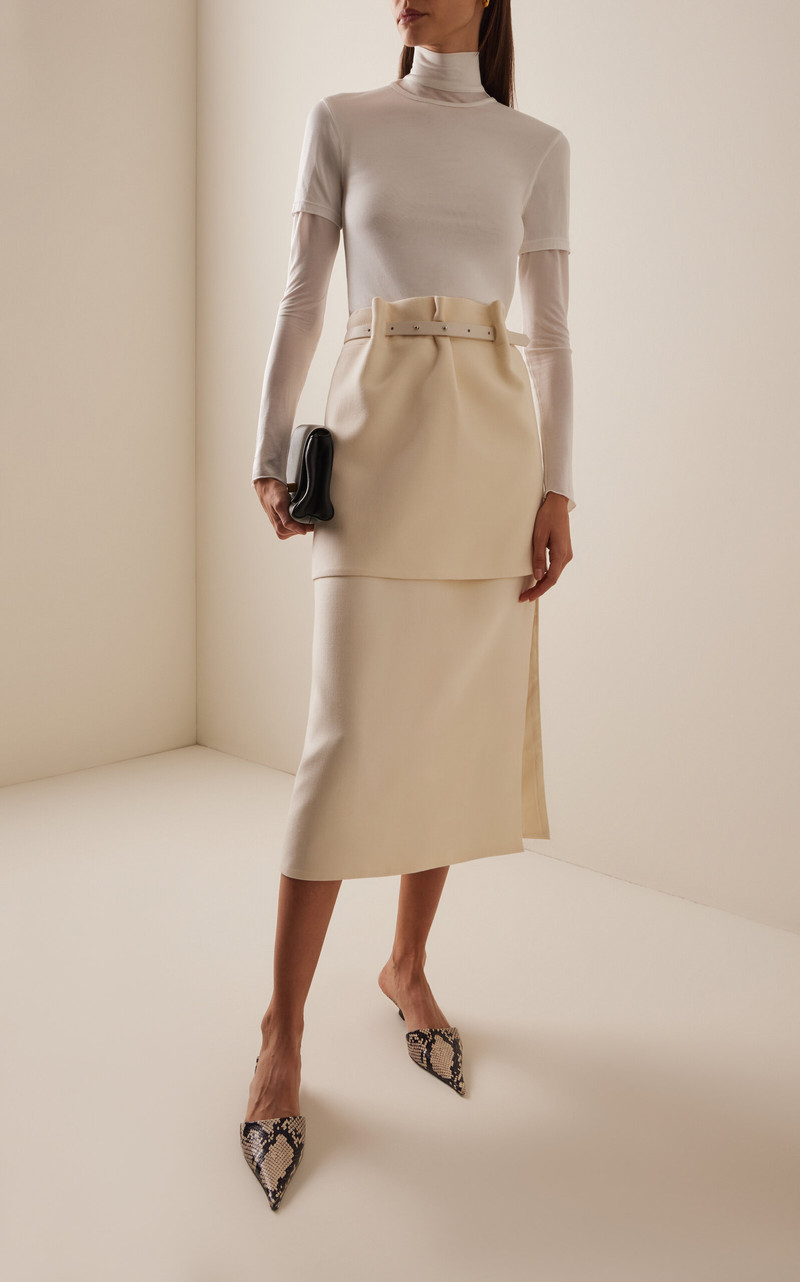BEVZA Belted Double Cotton-Blend Midi Skirt ivory outlook