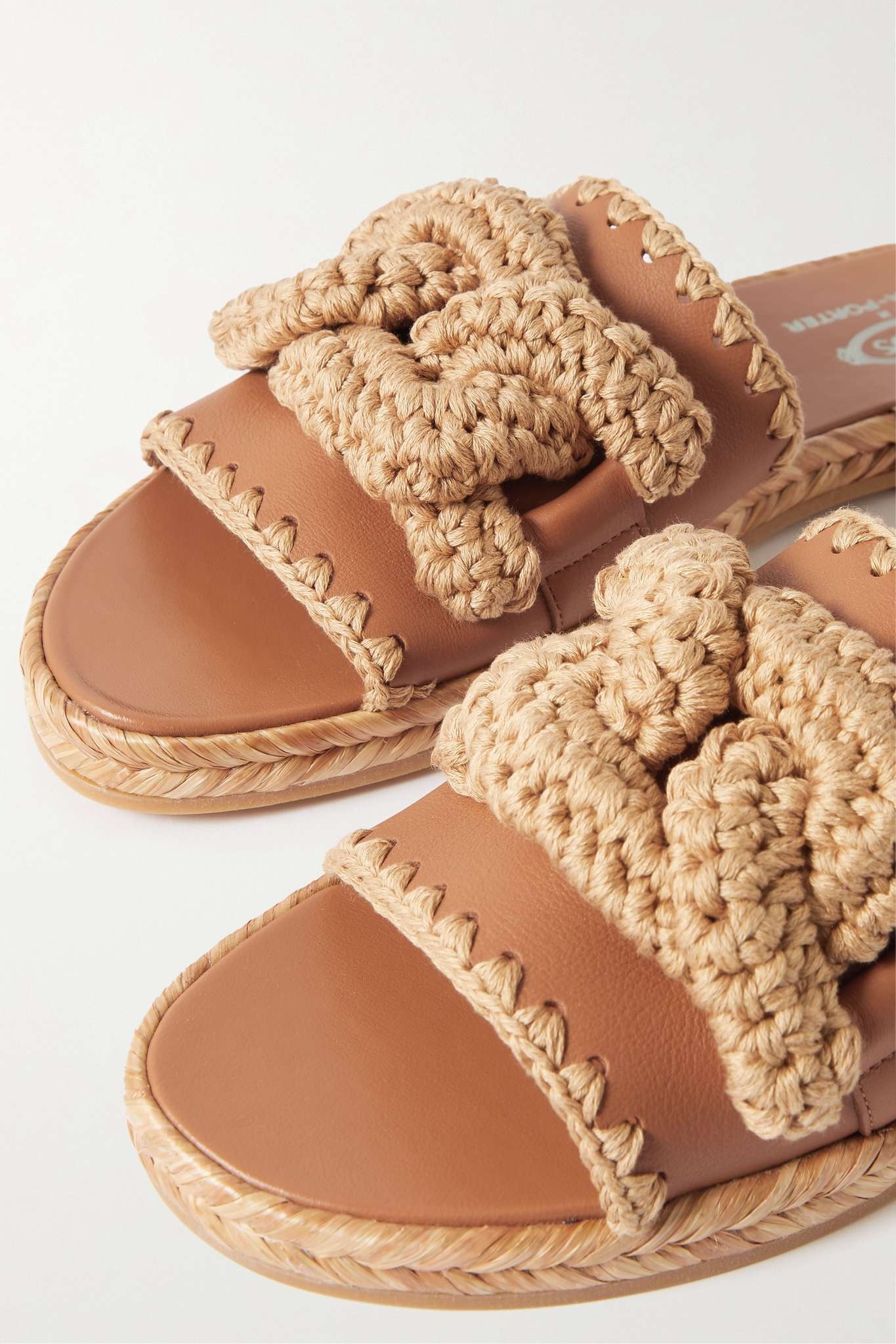 Kate whipstitched raffia-trimmed leather slides - 4