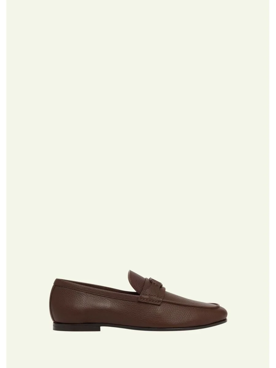Men's V-Logo Grained Leather Loafers - 1