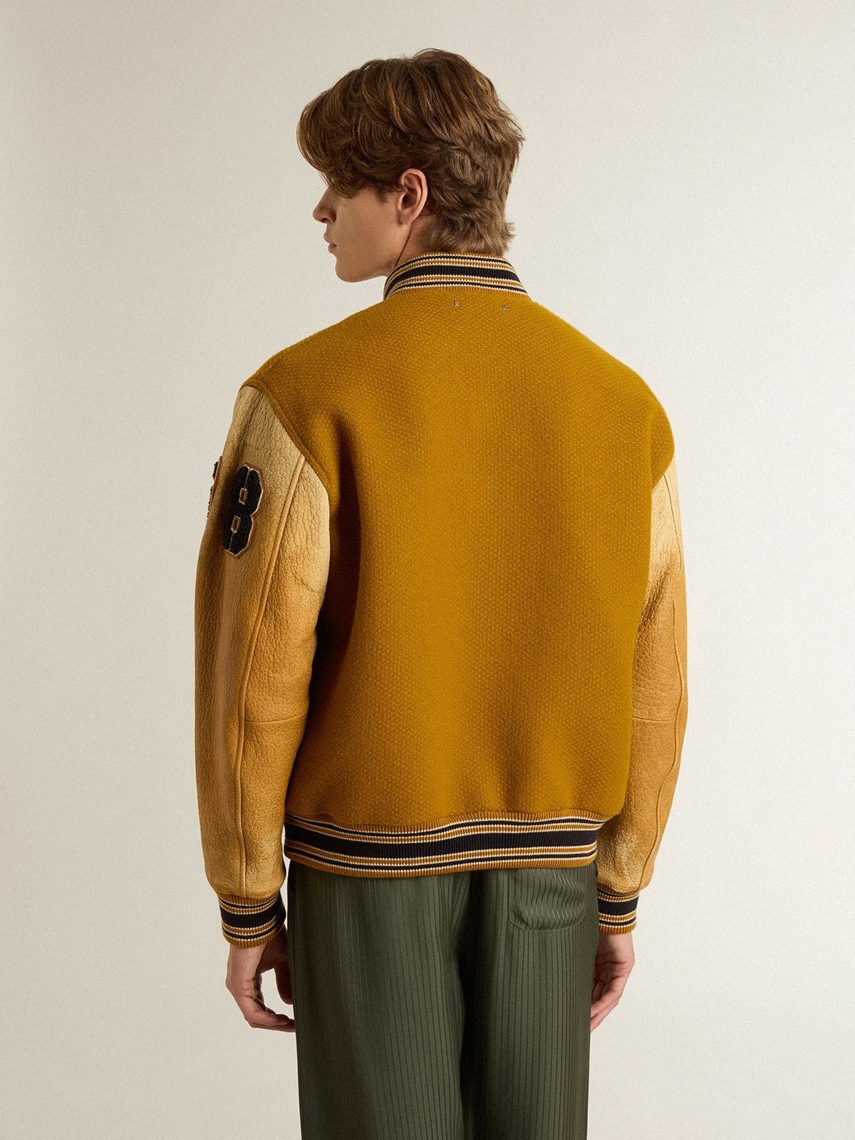 Ochre yellow wool bomber jacket with leather sleeves - 4
