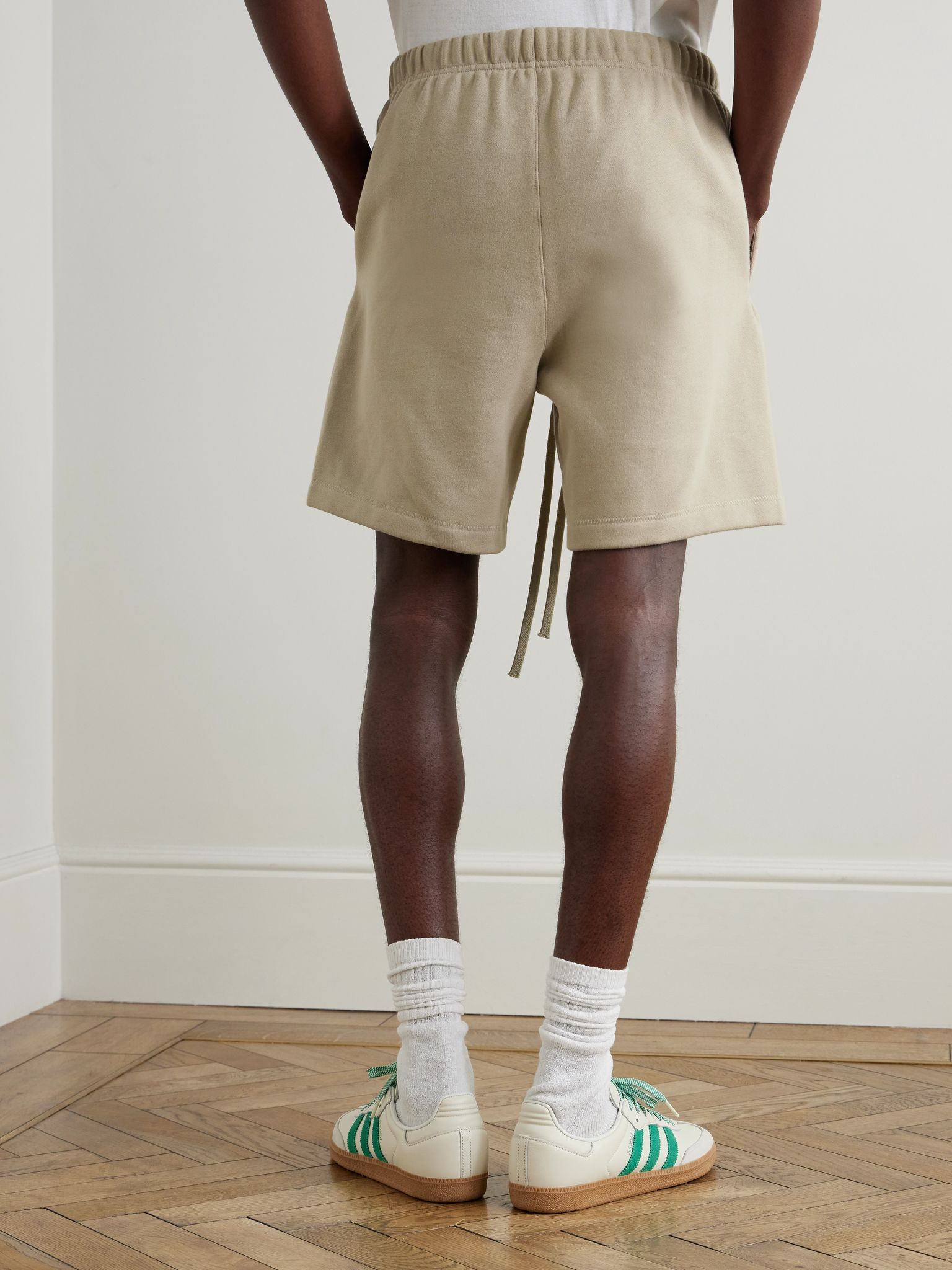 Wide-Leg Logo-Appliquéd Cotton-Blend Jersey Drawstring Shorts Beige - 4
