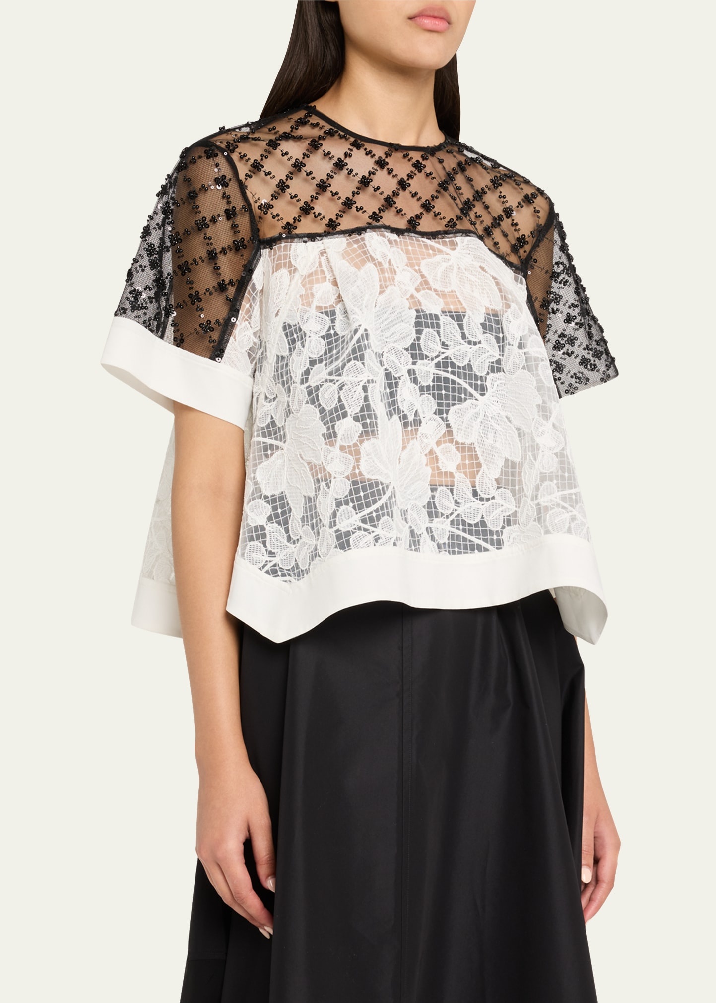 Corded Lace Organza Short-Sleeve Flounce Top - 4