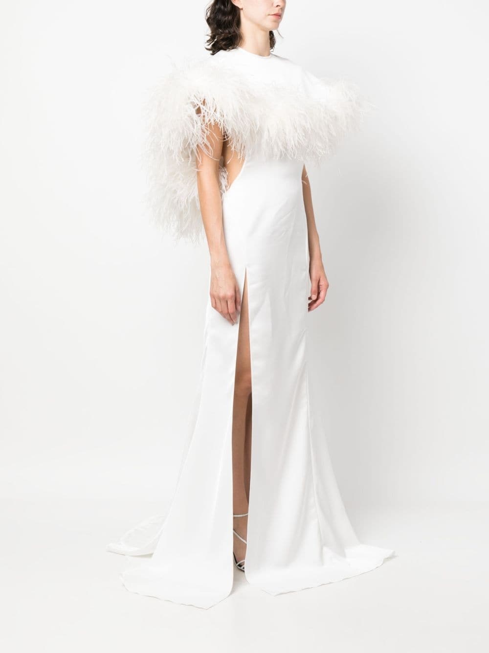 feather-trim cut-out gown - 3