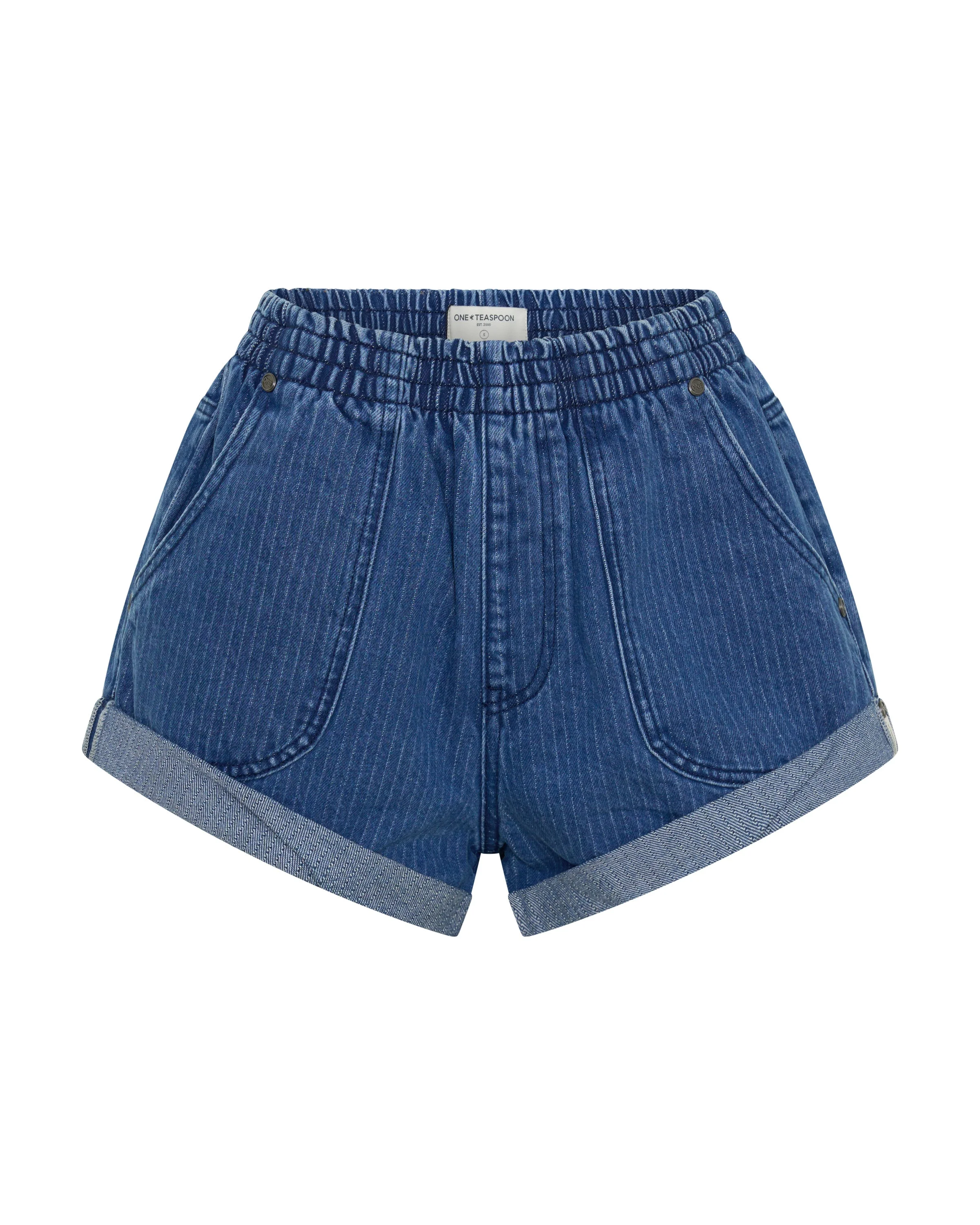 Hunters Mid Waist Boyfriend Elasticated Denim Shorts - Indigo Stripe Blue - 1