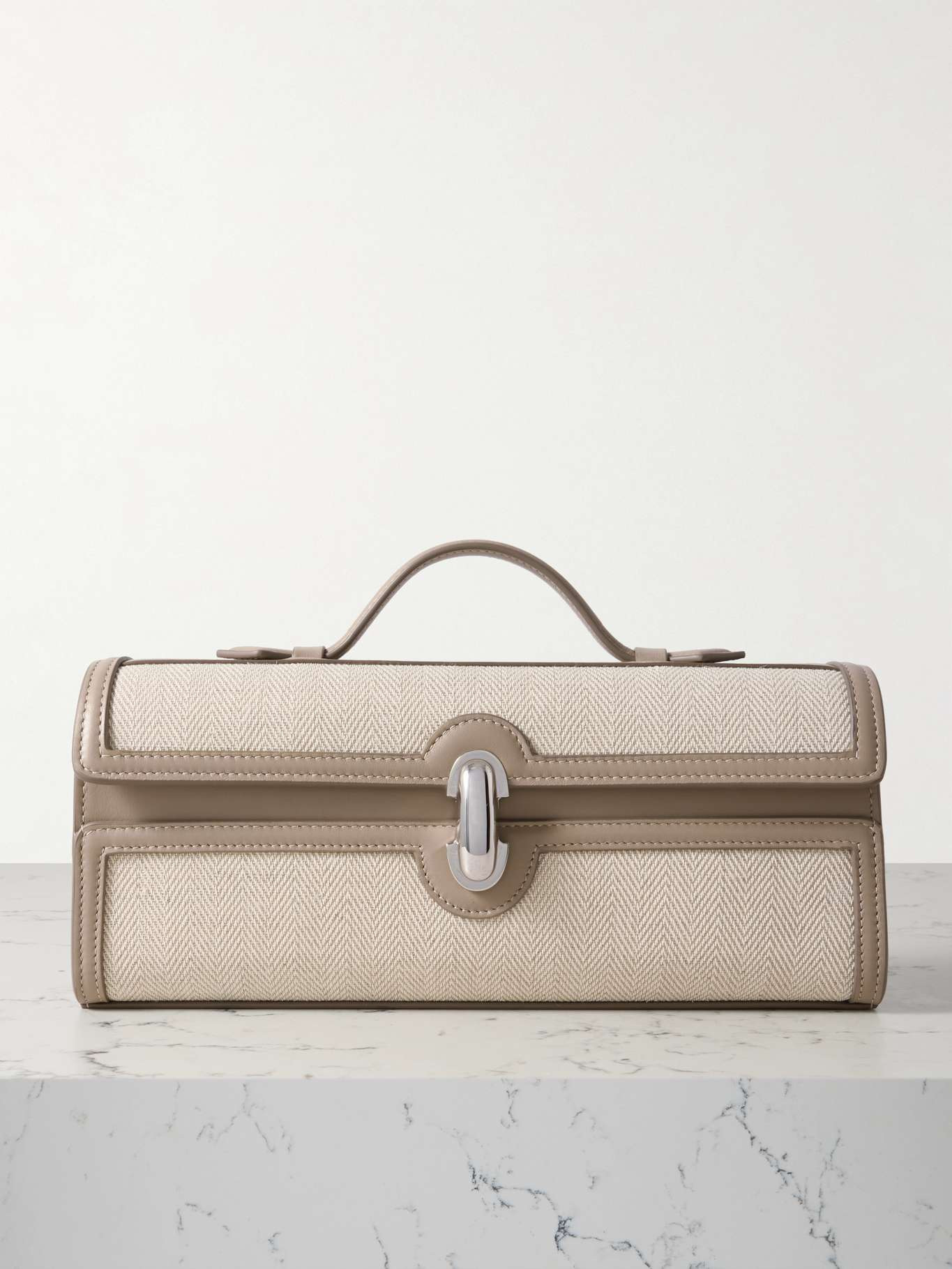 Slim Symmetry Pochette leather-trimmed herringbone linen tote Beige - 1