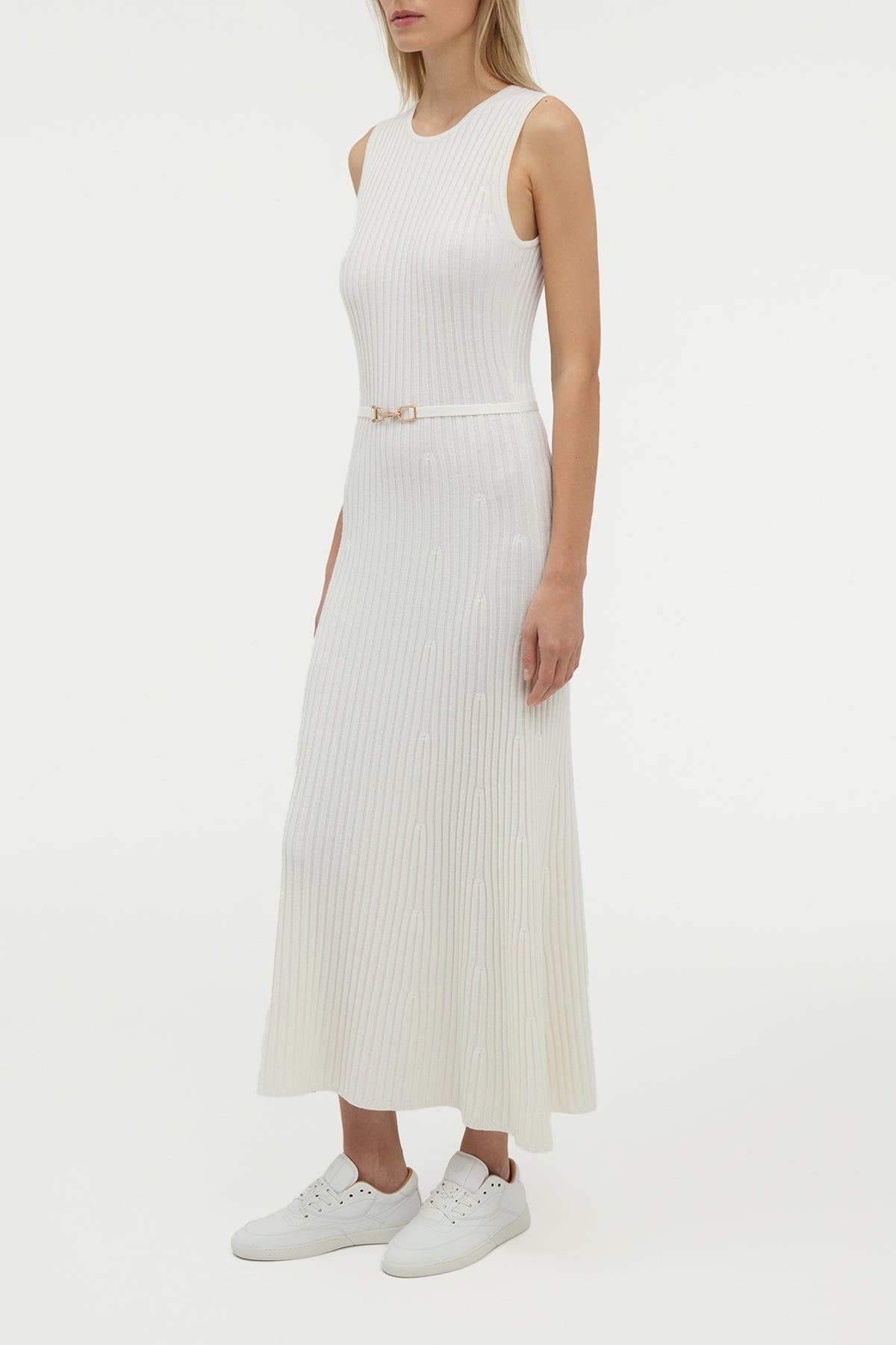 Meier Knit Midi Dress in Ivory Merino Wool Cashmere - 4