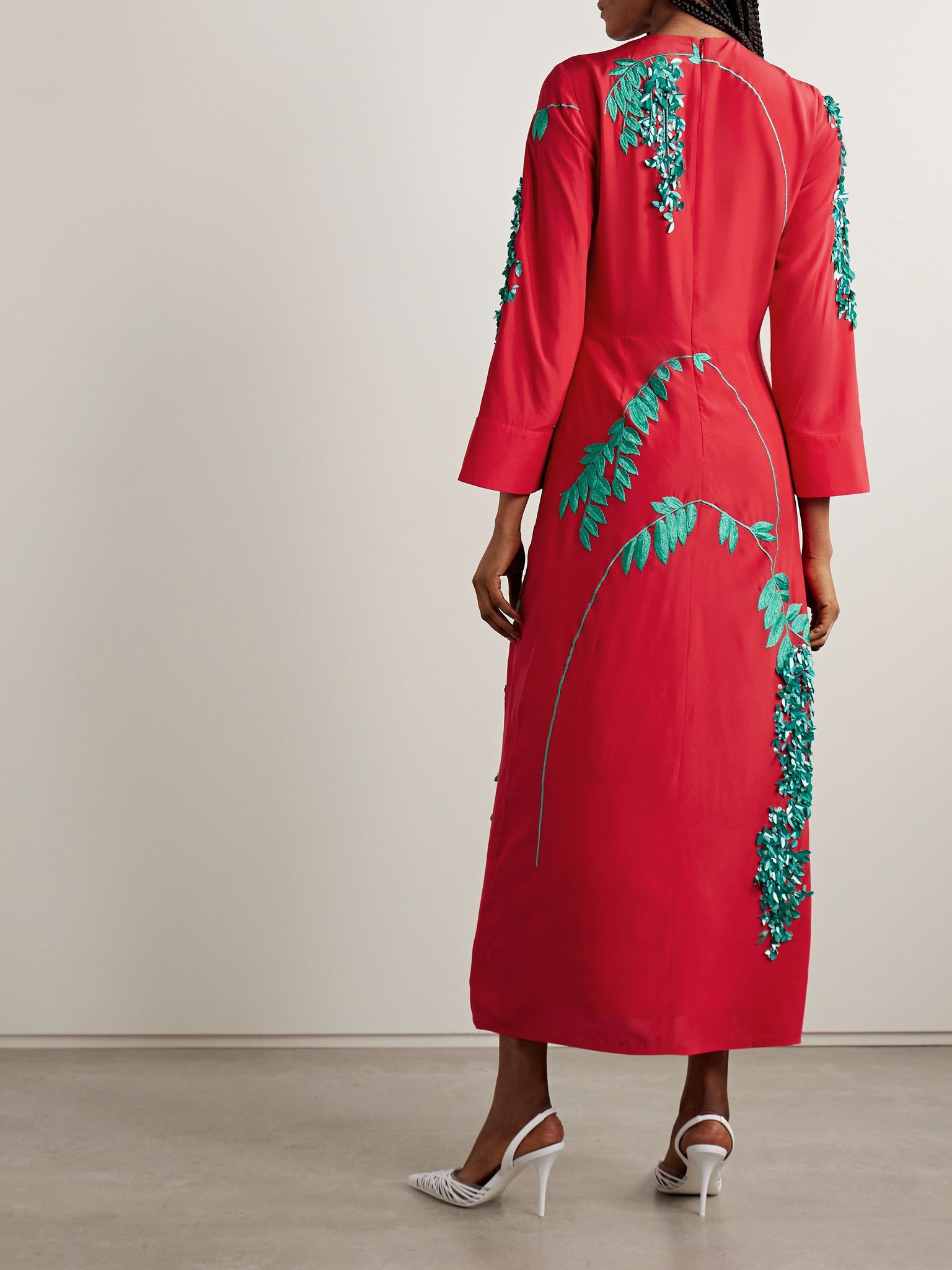 Harry embellished embroidered silk crepe de chine midi dress Red - 3
