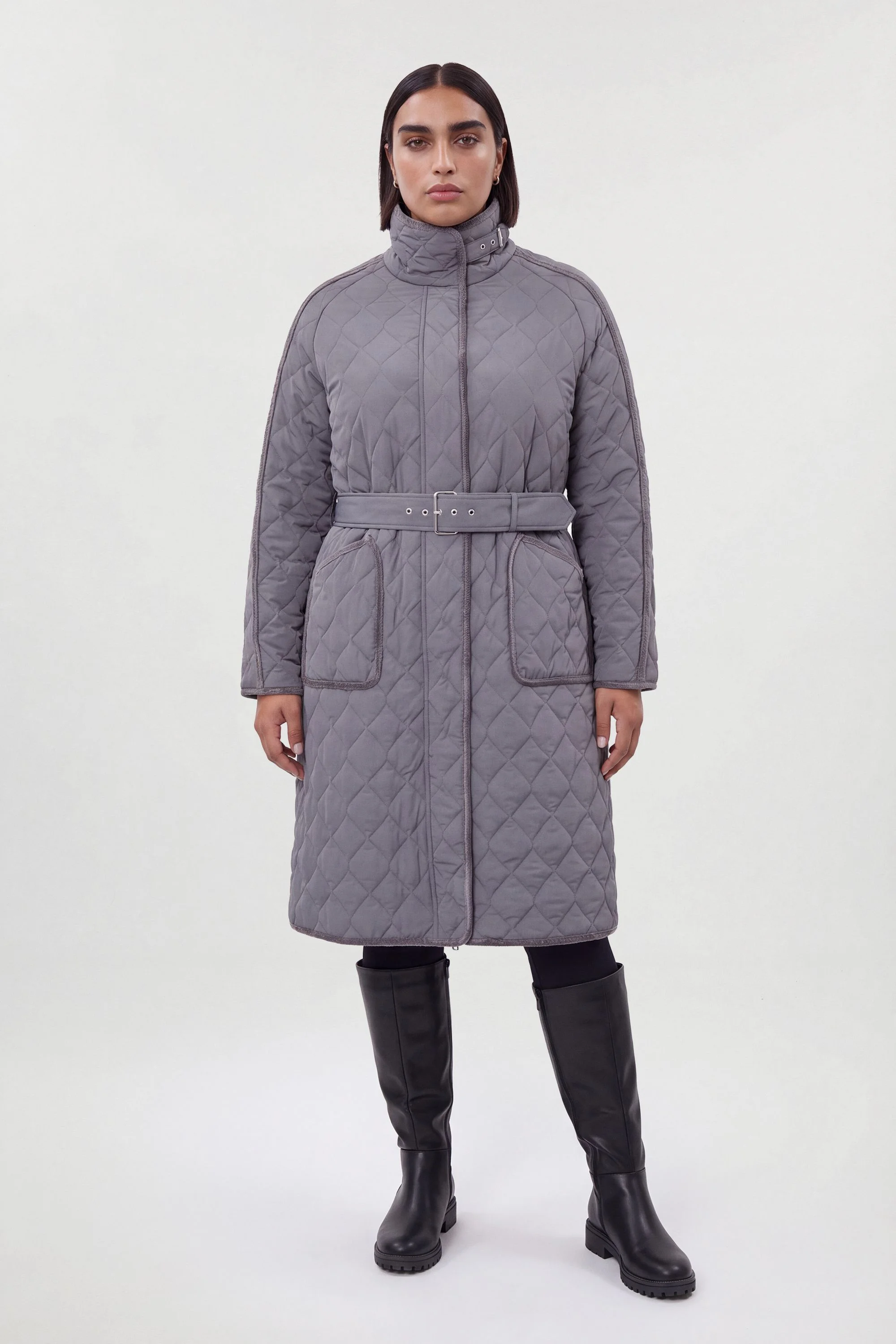 Plus Size Quilted Tipped Long Coat - 1