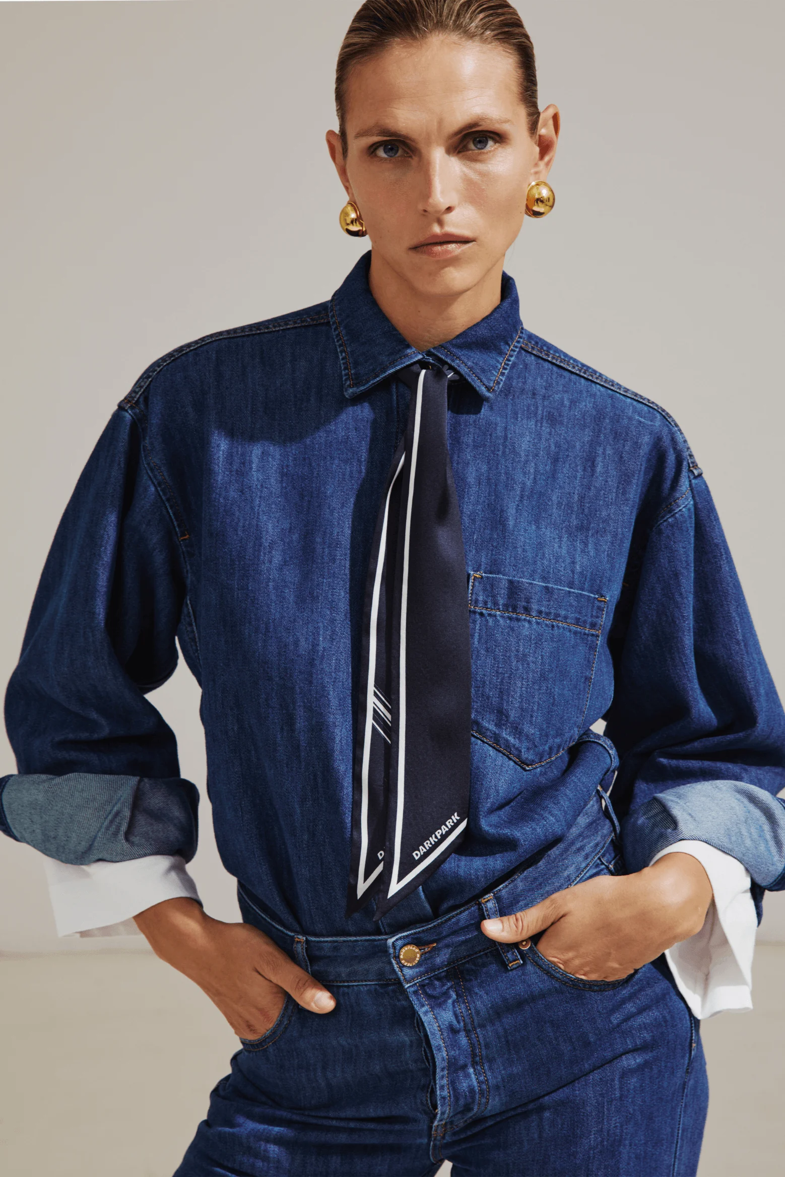 ANNE - SCARF ADORNED TENCEL DENIM TAILORED SHIRT - 1