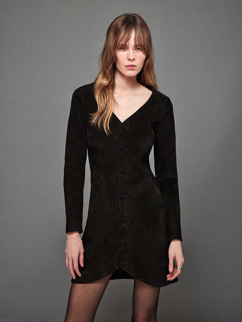 FRAME Suede Button Front Mini Dress in Black outlook
