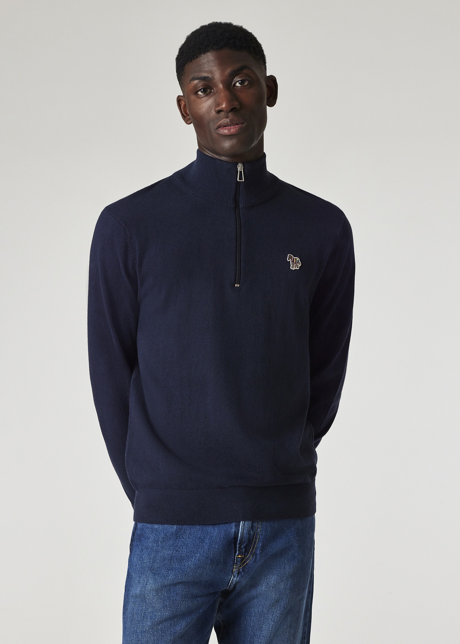 Dark Navy Cotton-Blend Half Zip Zebra Logo Sweater - 3