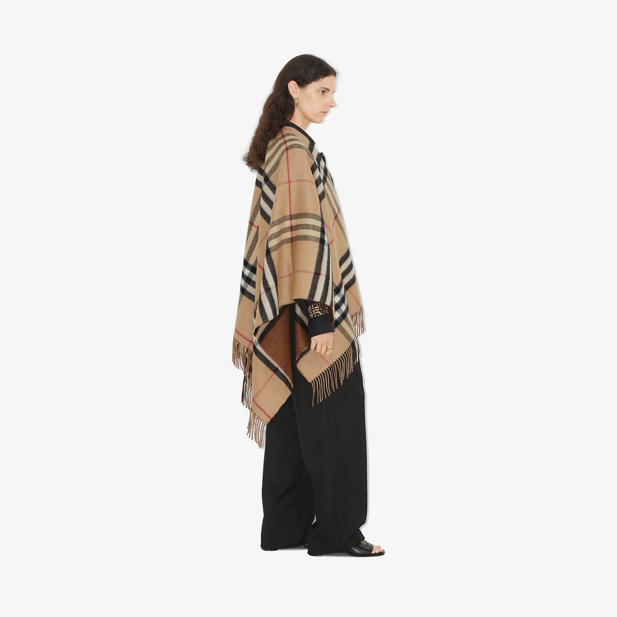 Contrast Check Wool Cashmere Cape - 3