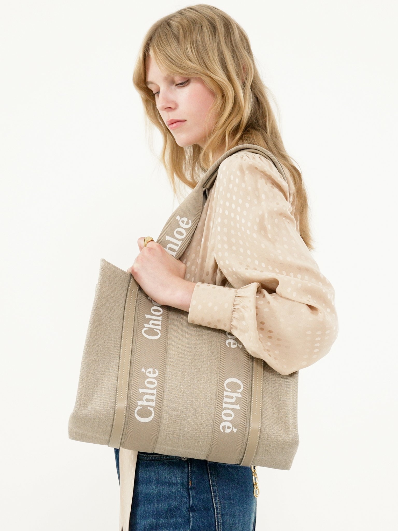 WOODY TOTE BAG IN LINEN & LEATHER - 4