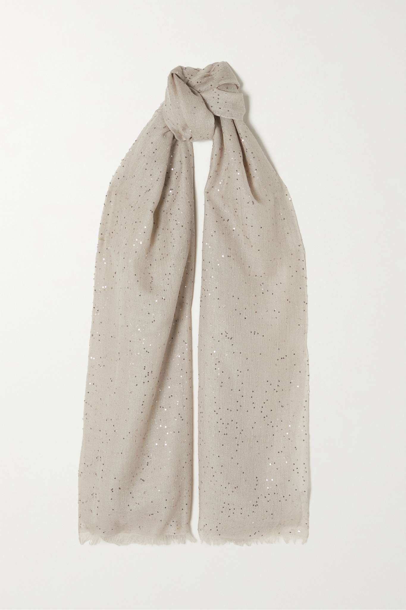 Frayed sequin-embellished cashmere and silk-blend scarf - 1