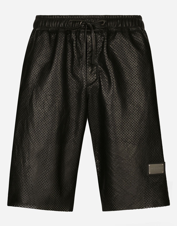 Openwork leather Bermuda jogging pants with brand plate - 1