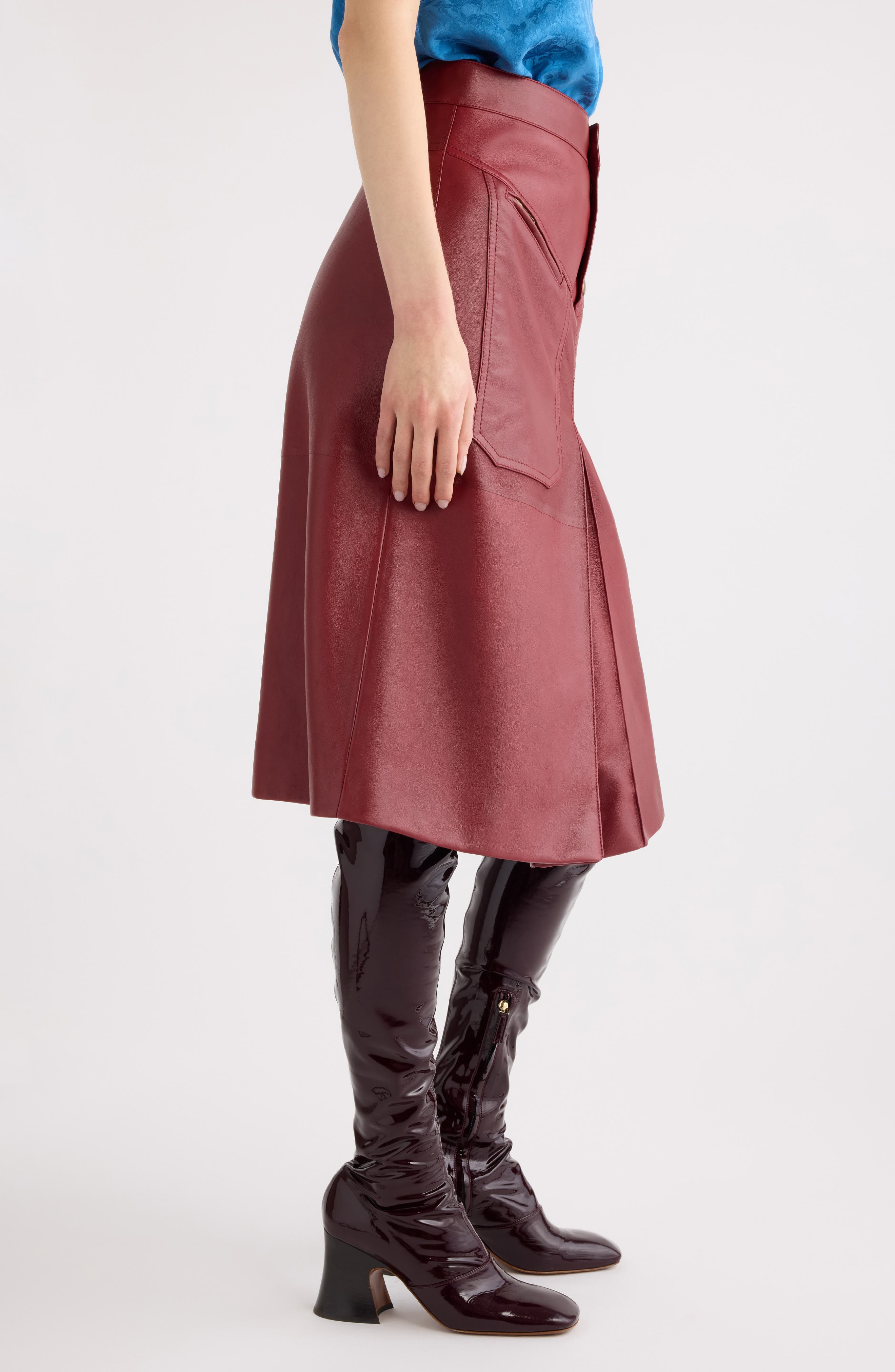 Chloé Inverted Pleat Lambskin Leather Skirt in Dark Ruby at Nordstrom - 4