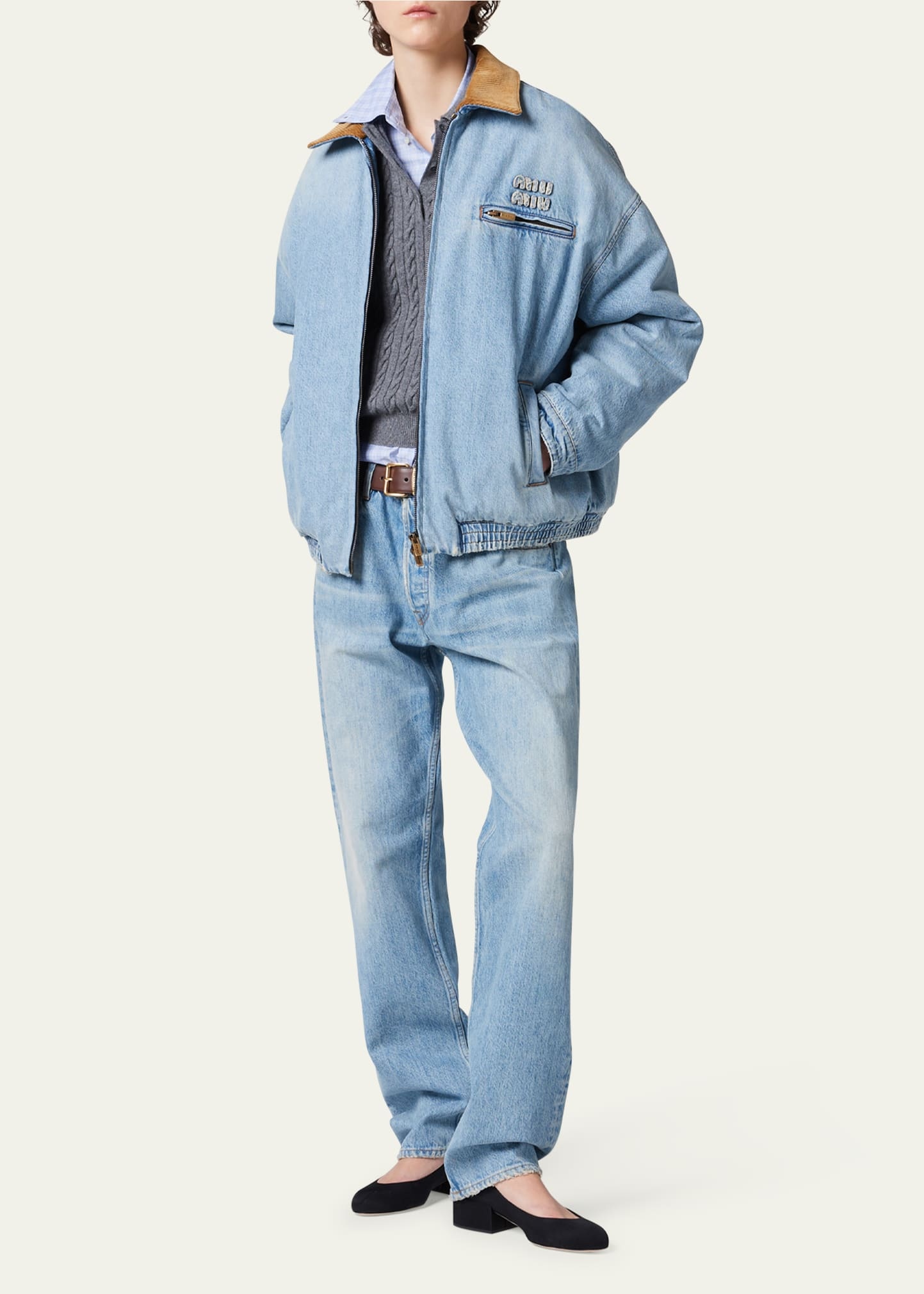 【日本入手困難】Chambray jacket with velvet collar Miu Miu Denim Jacket with Velvet Collar | bergdorfgoodman