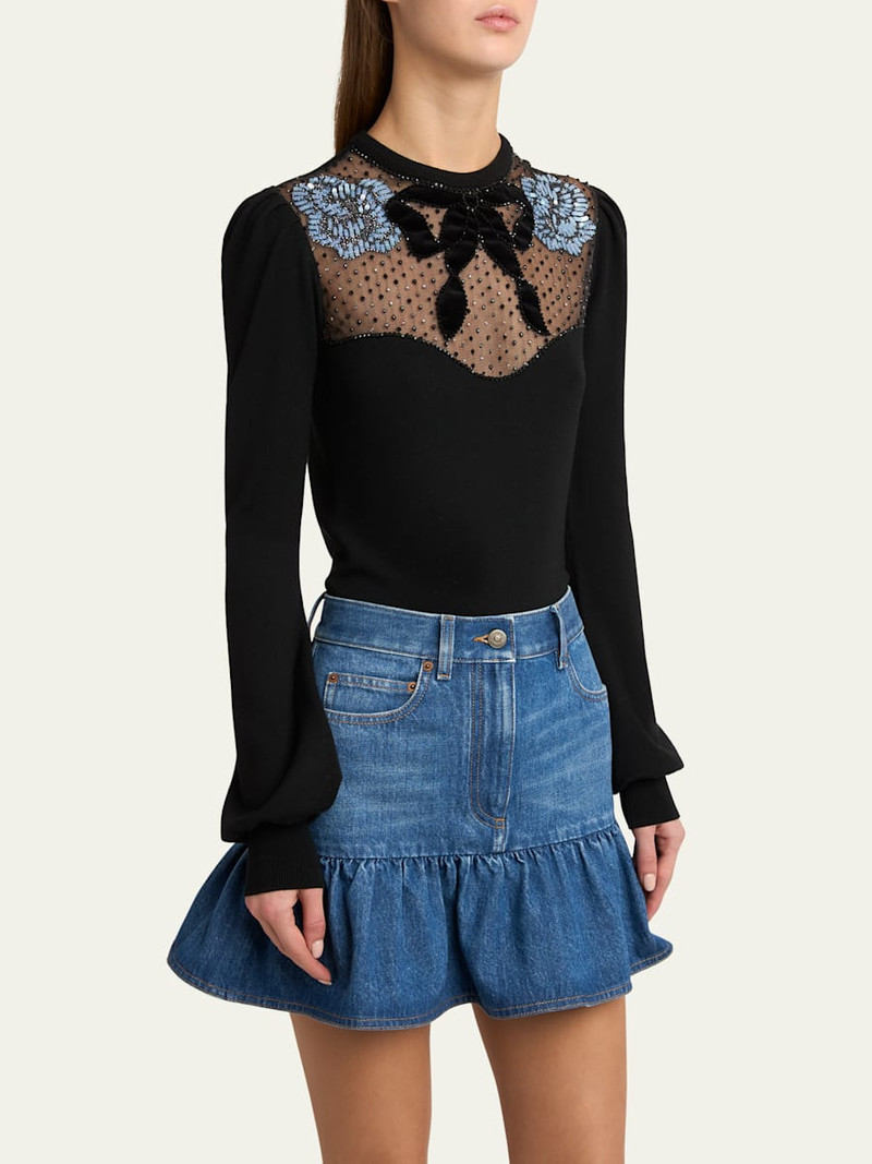 Beaded Floral Sheer Bust Wool Sweater 4