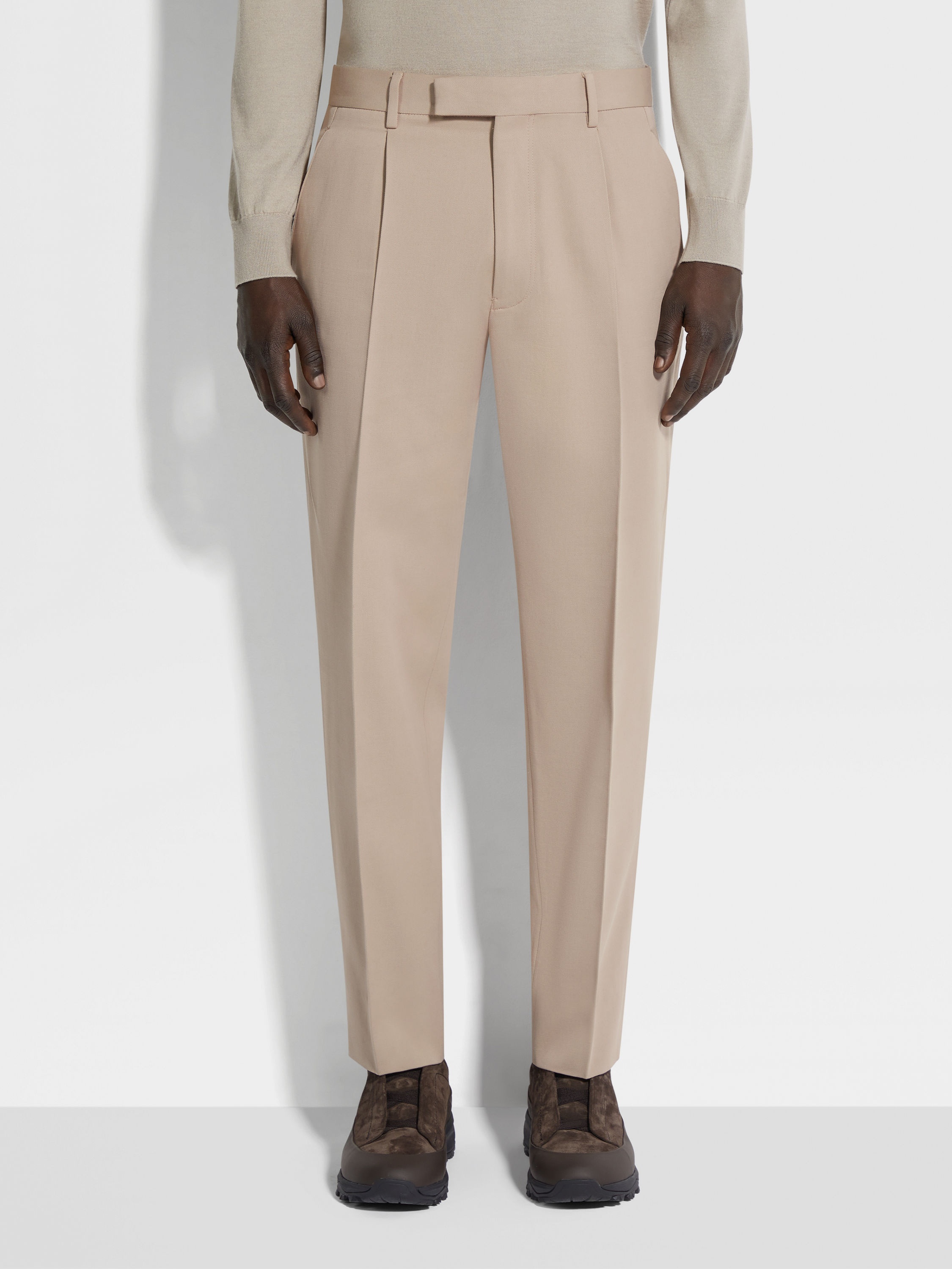 LIGHT TAUPE COTTON AND WOOL PANTS - 5