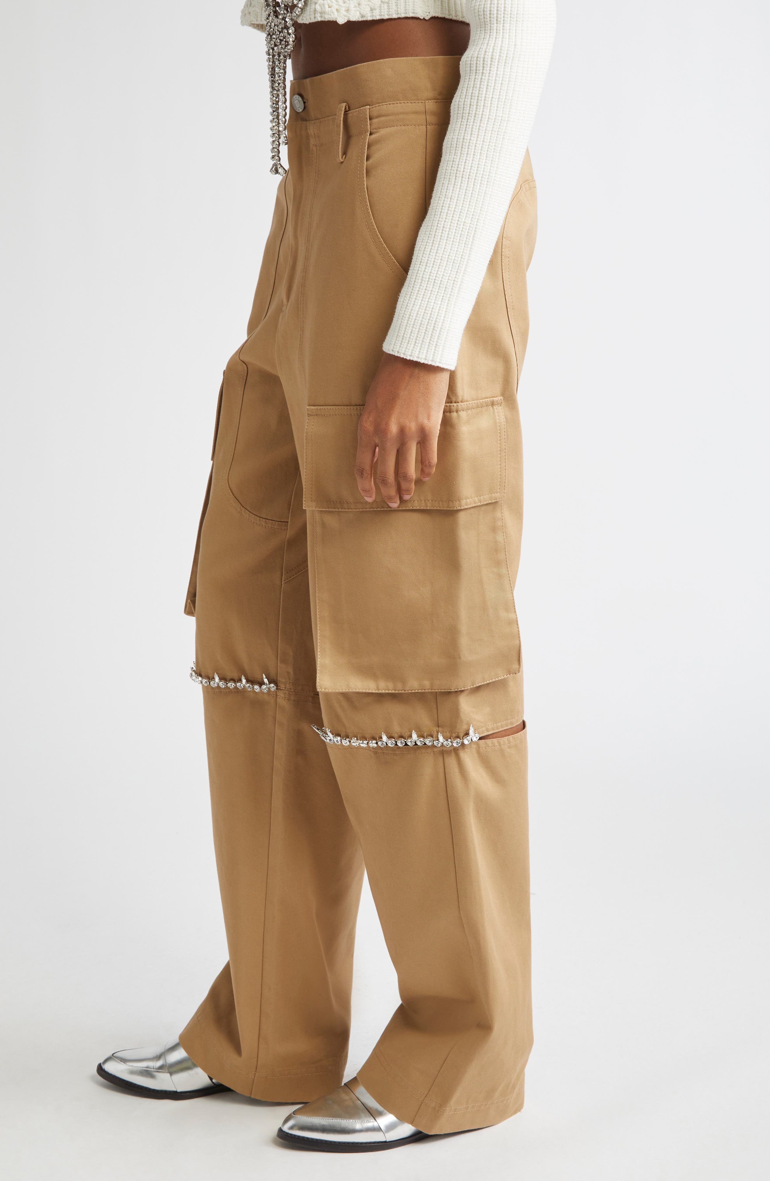 Area Crystal Trim Slit Cargo Pants in Tan at Nordstrom - 4