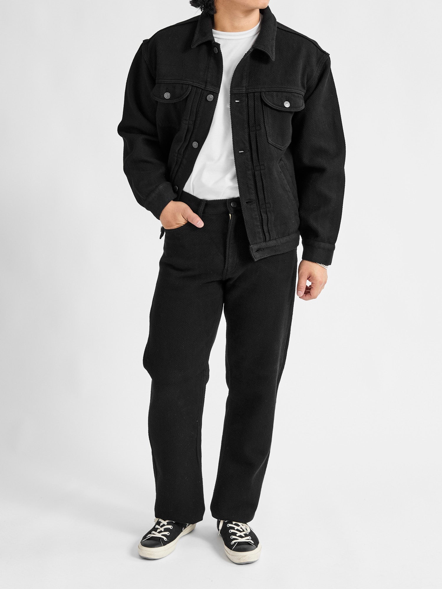 Double Cloth Sashiko Trucker Jacket in Black - 10