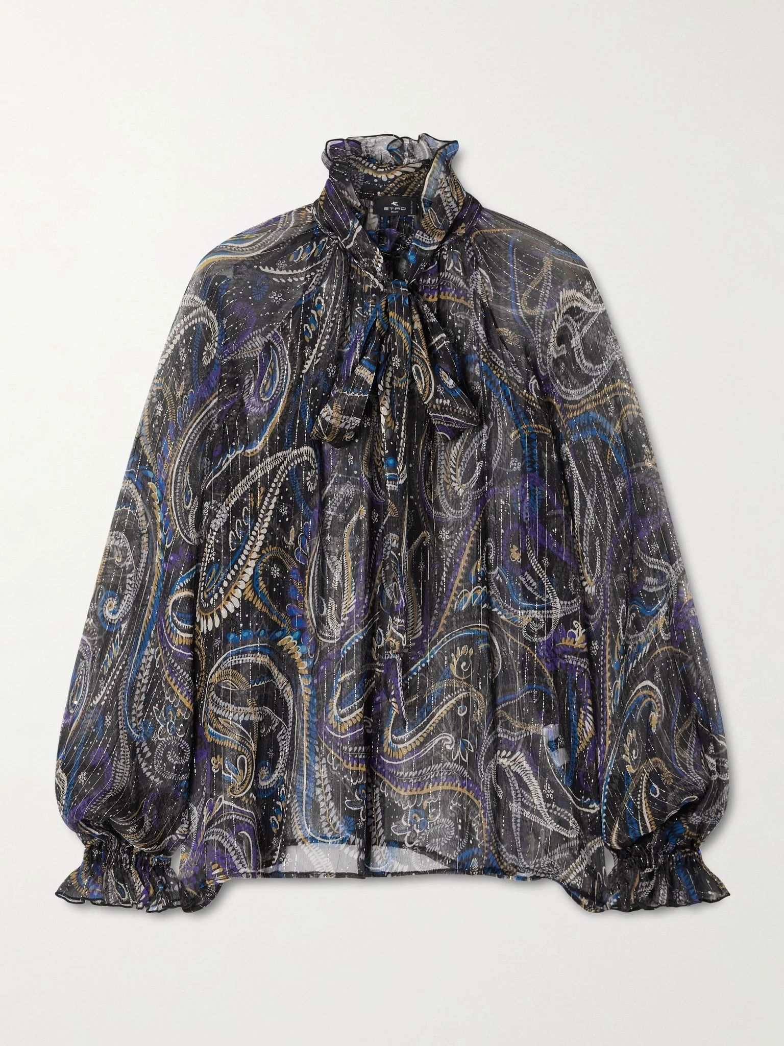 Pussy-bow printed metallic silk-crepon blouse Purple - 1