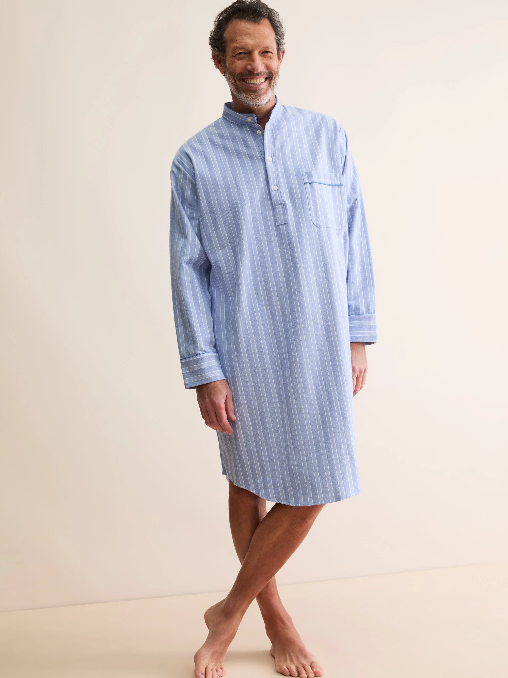 Men's Nightshirt Arran Brushed Cotton Blue Herringbone Stripe - 1