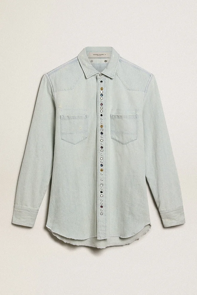 Men's bleached denim shirt with hammered studs - 1