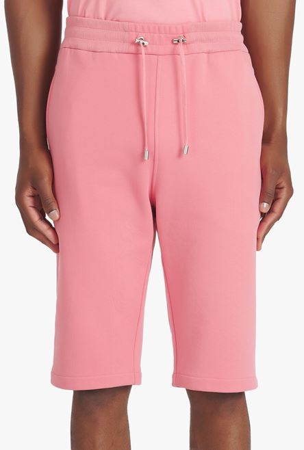 Salmon pink eco-designed cotton shorts with flocked white Balmain Paris logo - 5