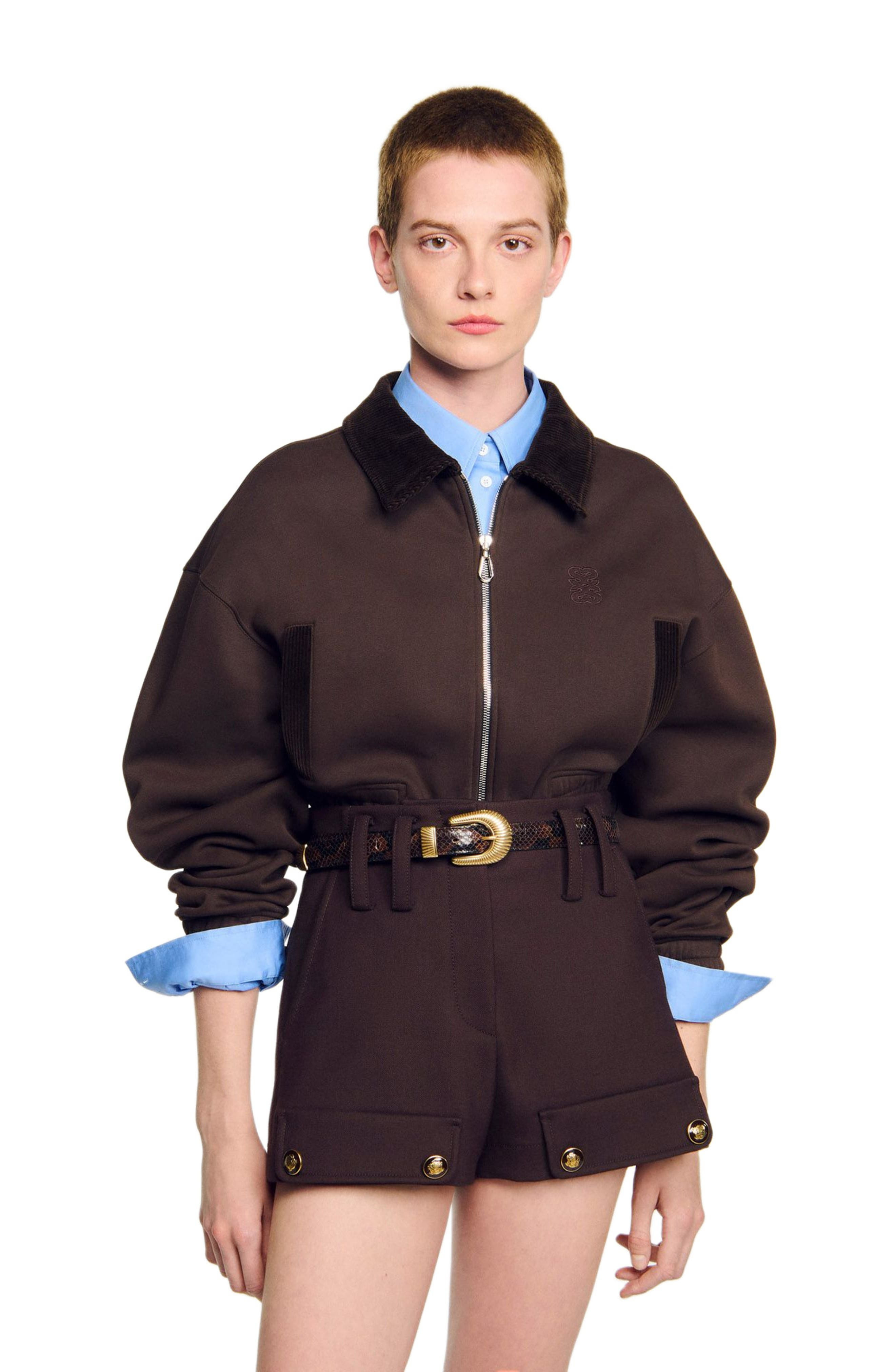 SANDRO Cropped dual-fabric sweatshirt in Brown at Nordstrom - 3