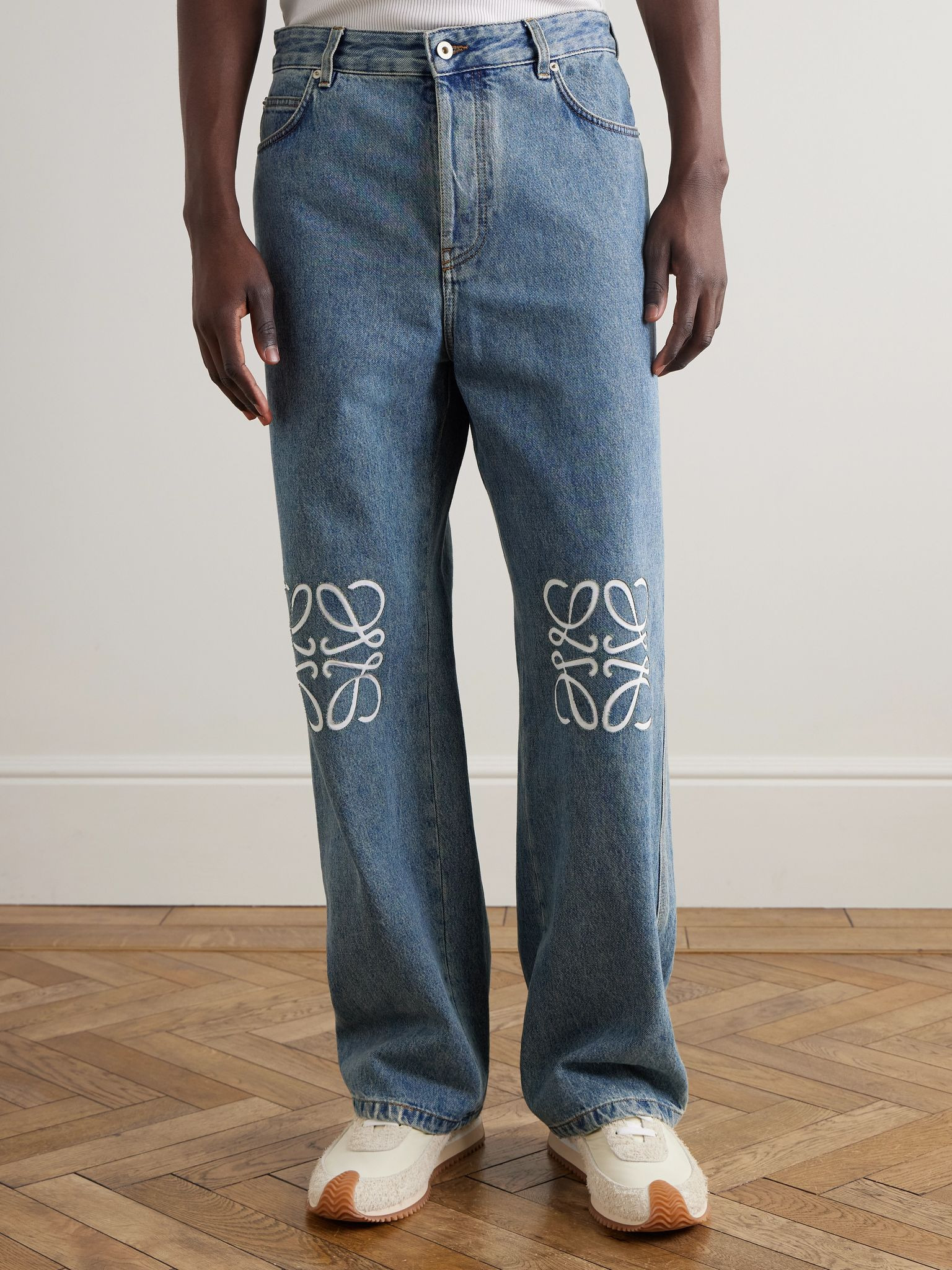 Anagram Wide-Leg Logo-Embroidered Jeans Blue - 3