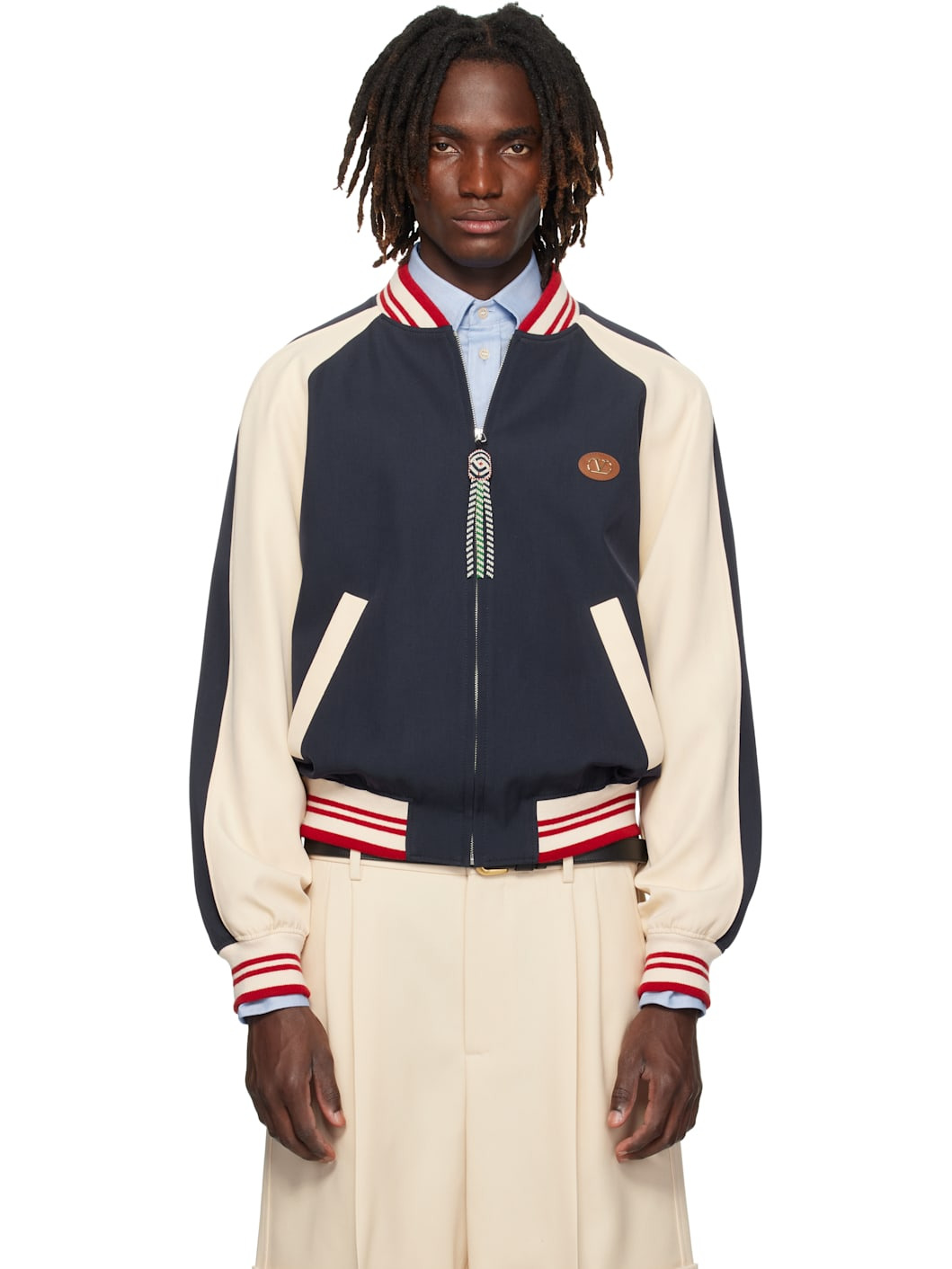 Navy & Beige 'Le Chat De La Maison' Patch Bomber Jacket - 1