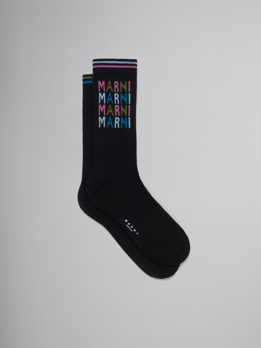 BLACK RIBBED COTTON SOCKS WITH MULTICOLOURED LOGOS - 1