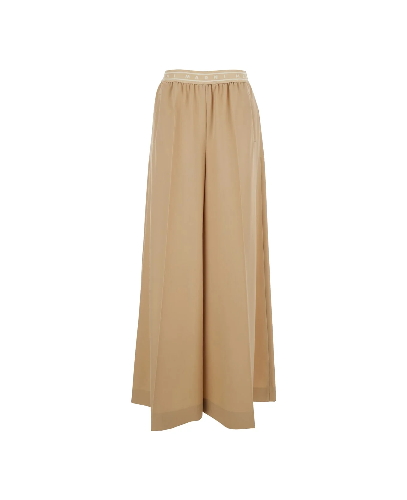 Beige Pants With Elastic Waist And Logo Lettering In Wool Woman - 1