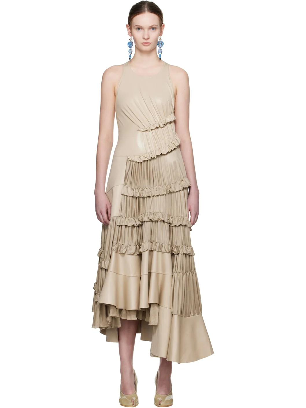 Beige Ruffle Liquid Jersey Midi Dress - 1