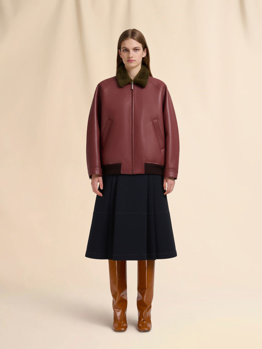 BURGUNDY LEATHER JACKET WITH SHEARLING COLLAR - 2