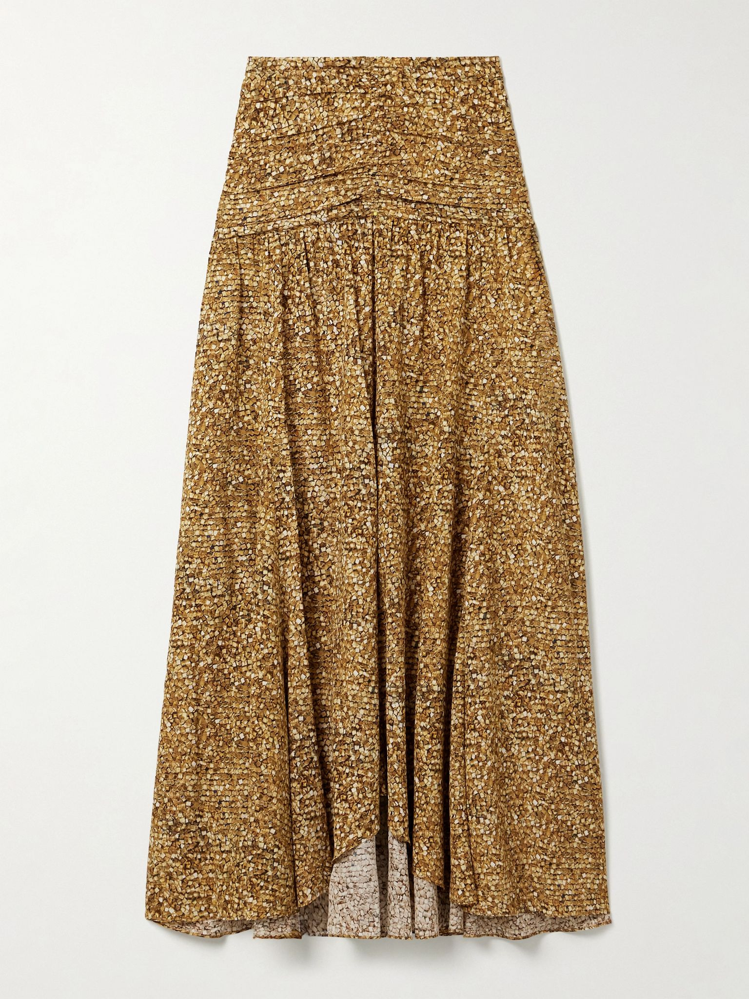 Syana ruched printed stretch-silk crepe de chine maxi skirt Brown - 1