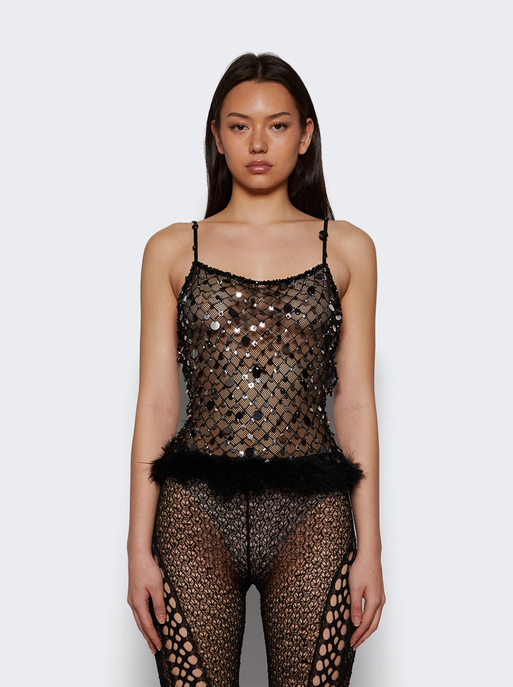 Embellished Fishnet Top With Feathers Black - 2