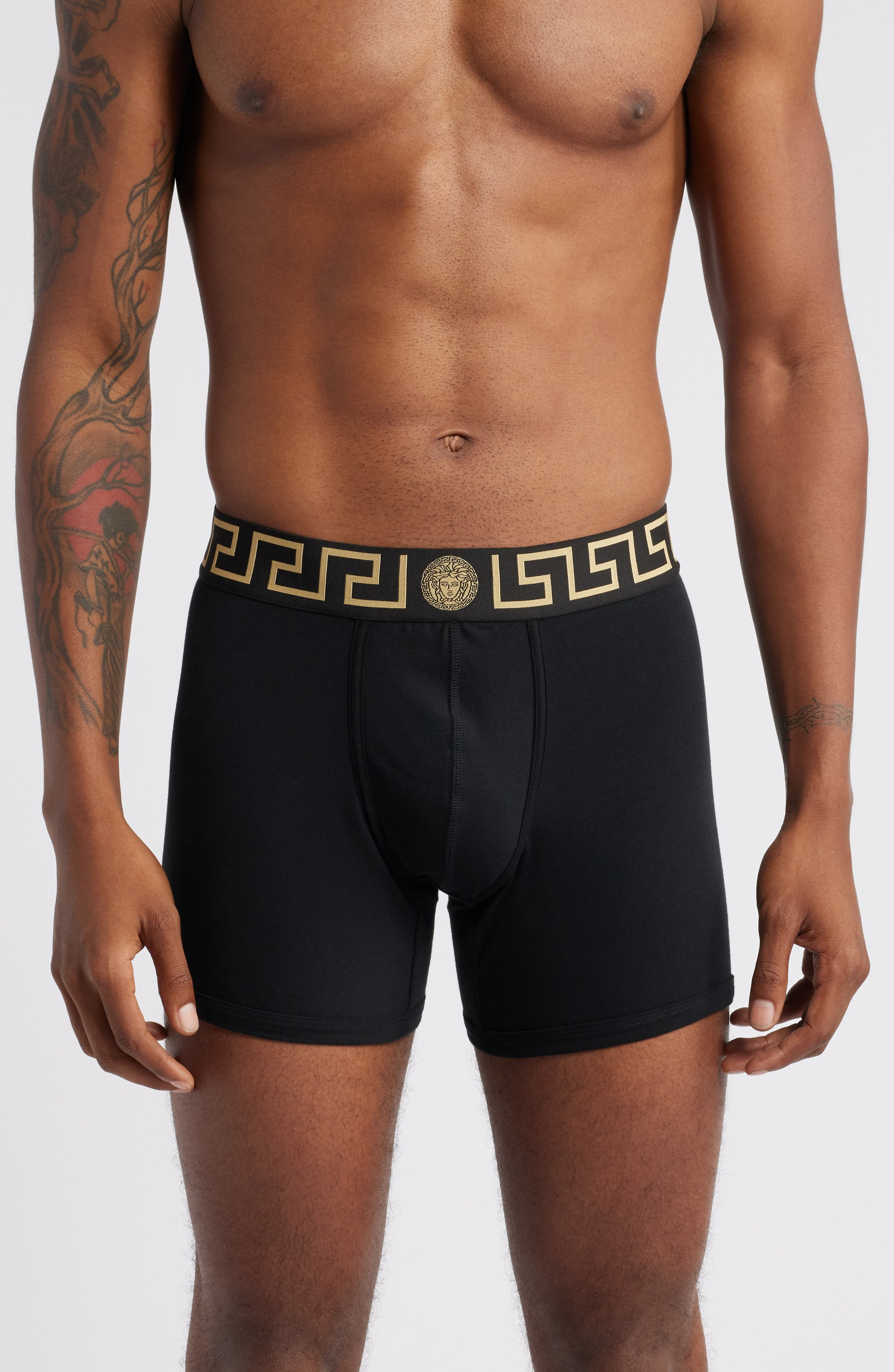 Versace Greek Key Jersey Boxer Briefs in Black Gold Greek Key at Nordstrom - 1