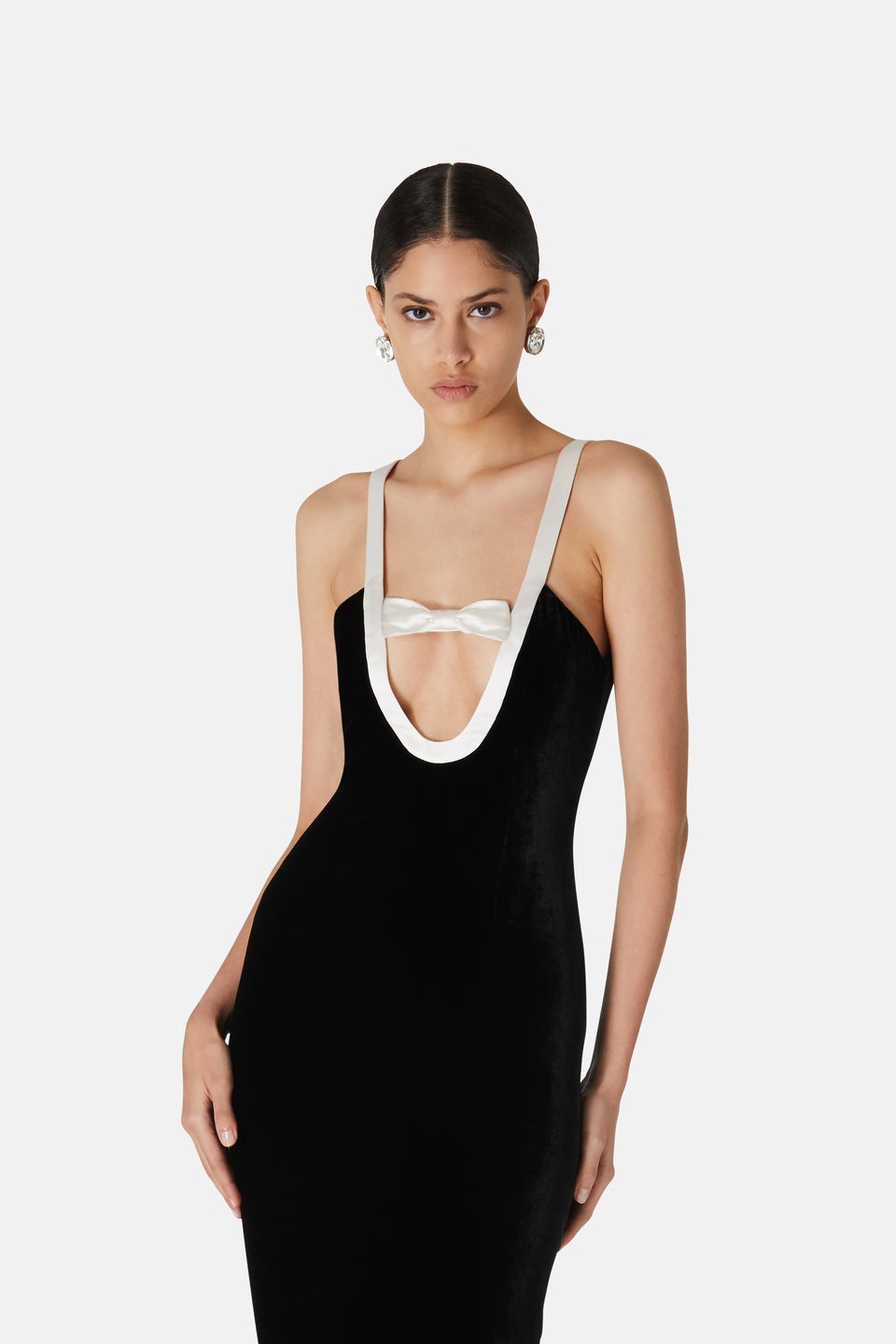 VELVET EVENING DRESS WITH CONTRASTING DUCHESSE BOW - 6