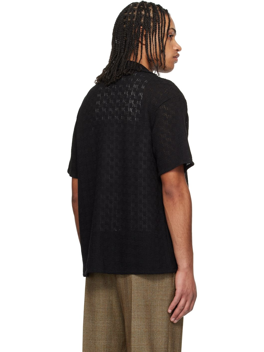 Black Crochet Open Collared Shirt - 3