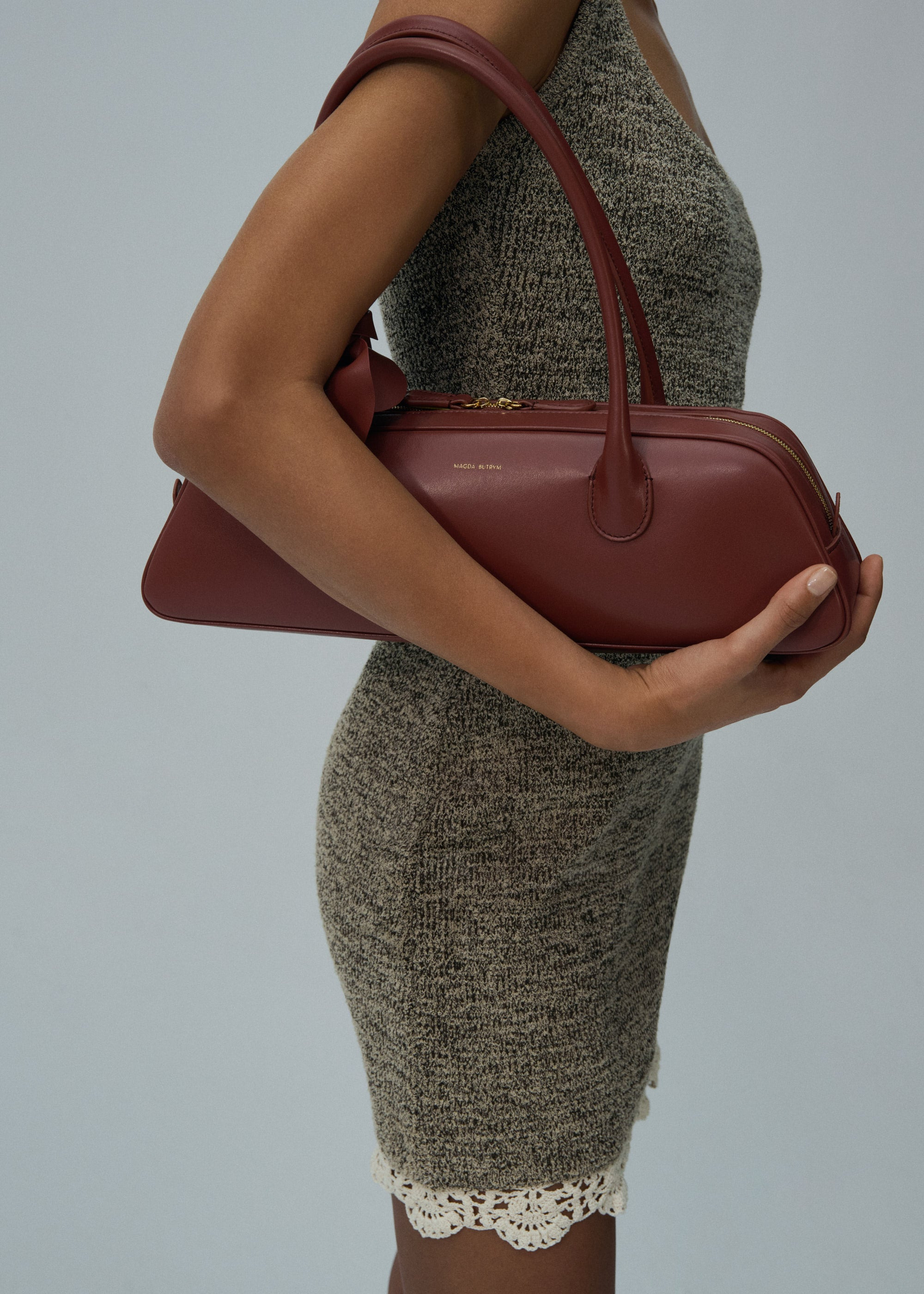 Lace detail knit midi dress in brown - 4